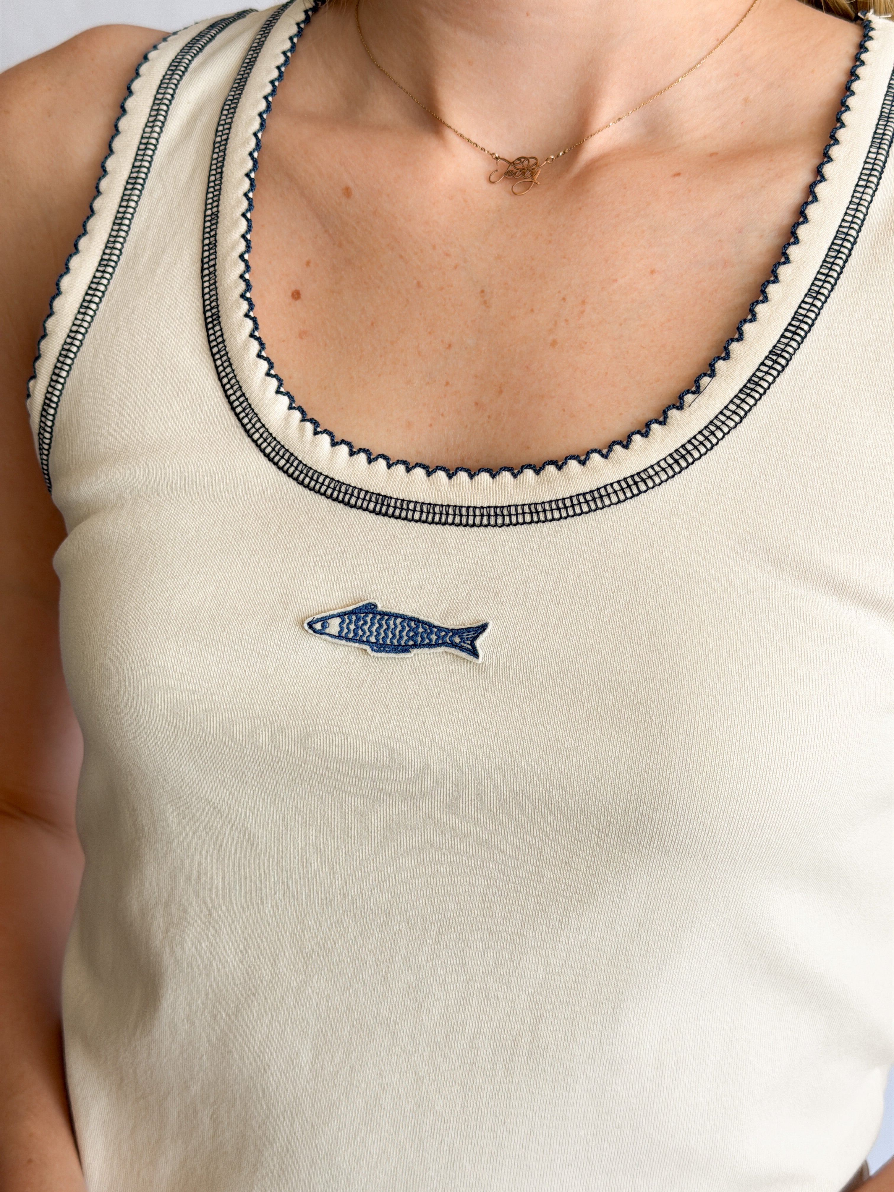 Reese Cream Contrast Stitch Fish Patch Tank Top