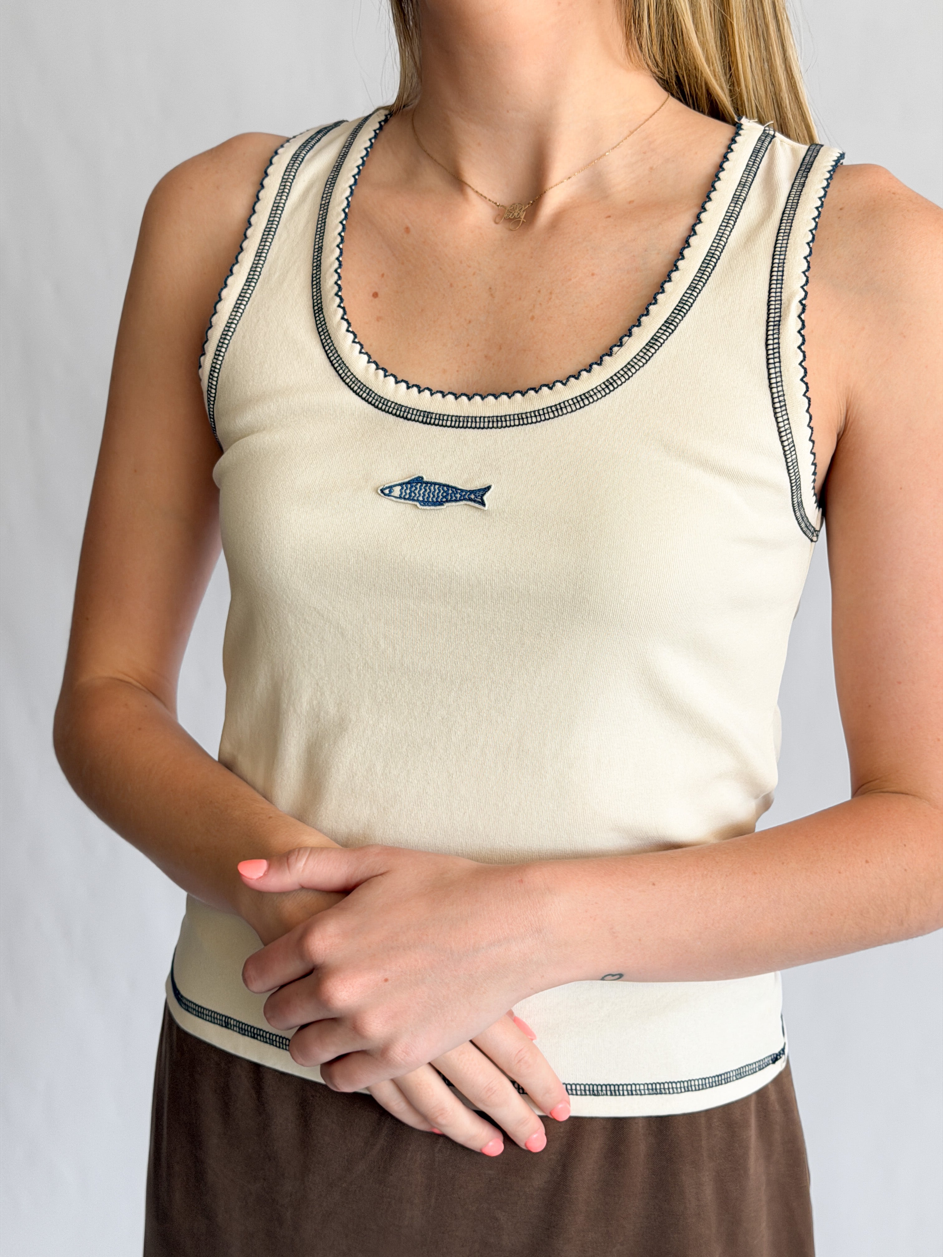 Reese Cream Contrast Stitch Fish Patch Tank Top