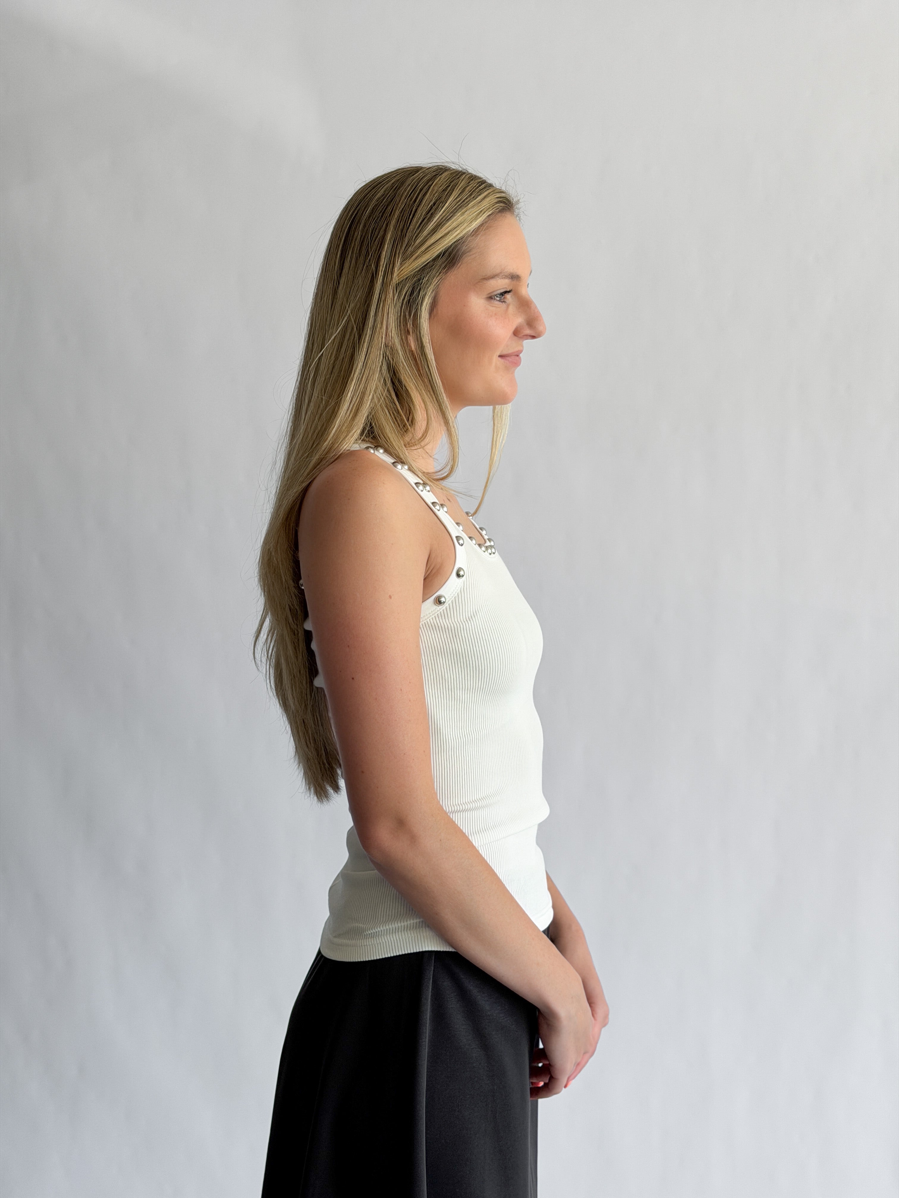 Remy Stud Detail Ribbed Tank Top (White)