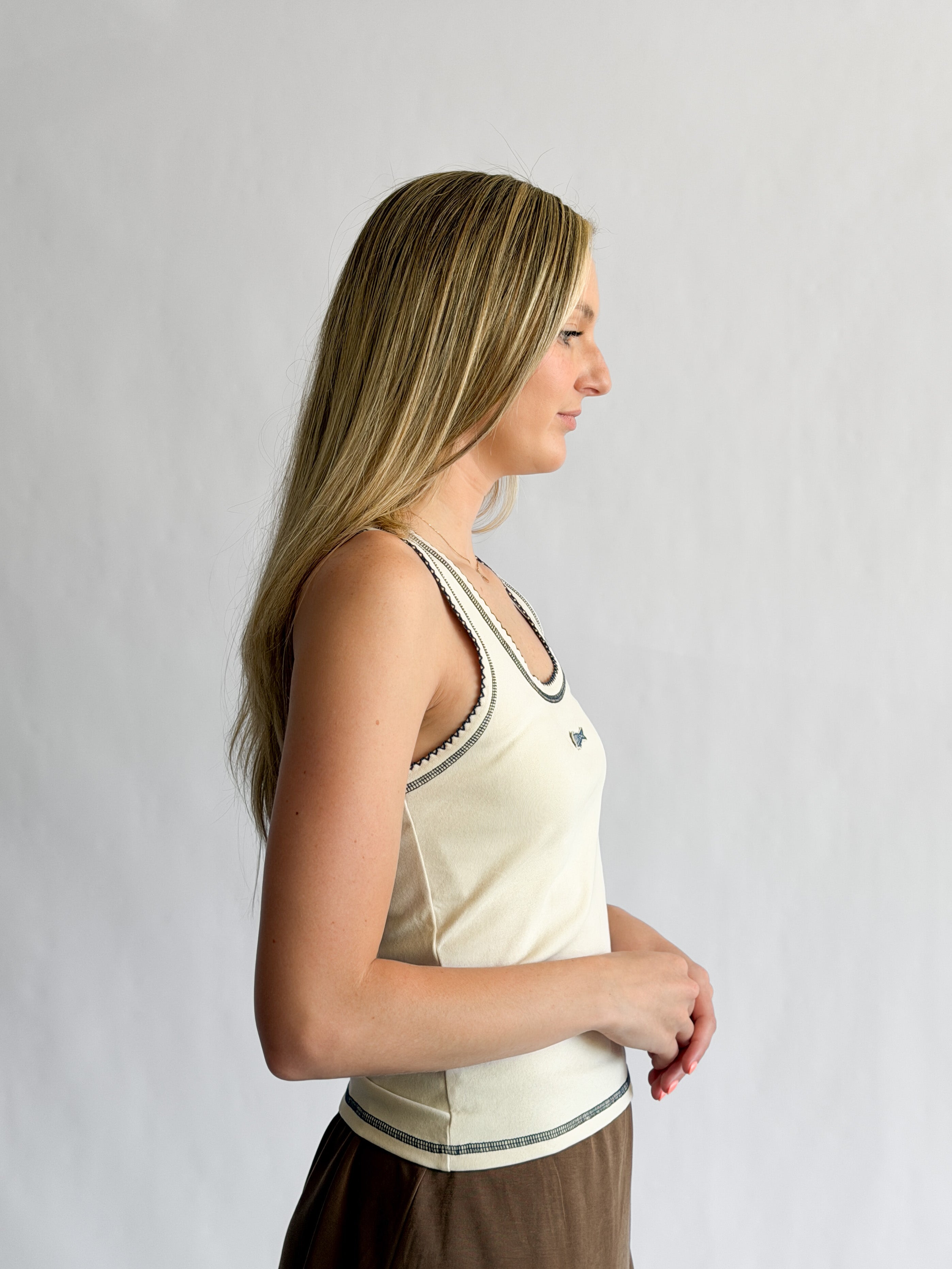 Reese Cream Contrast Stitch Fish Patch Tank Top