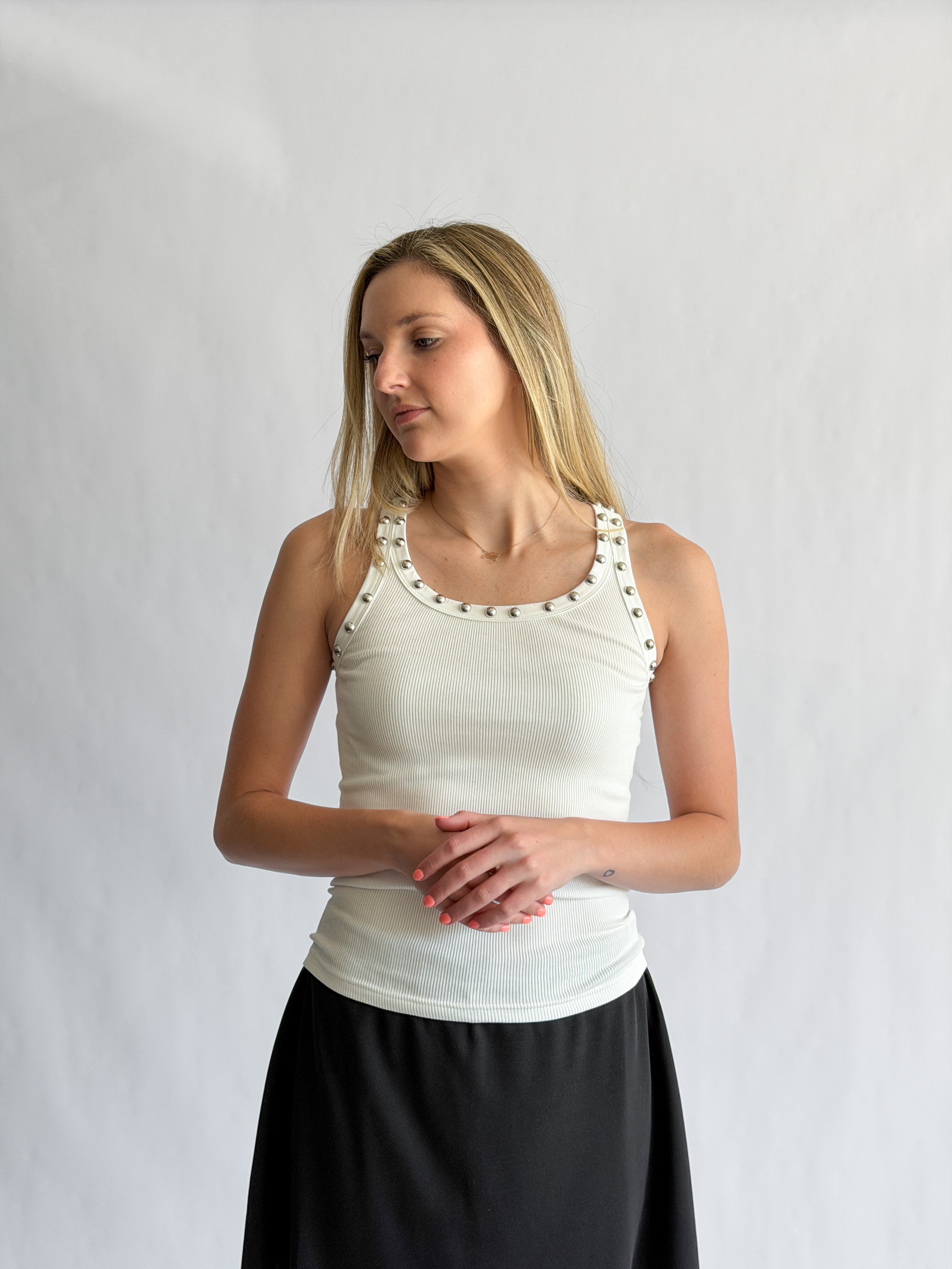 Remy Stud Detail Ribbed Tank Top (White)