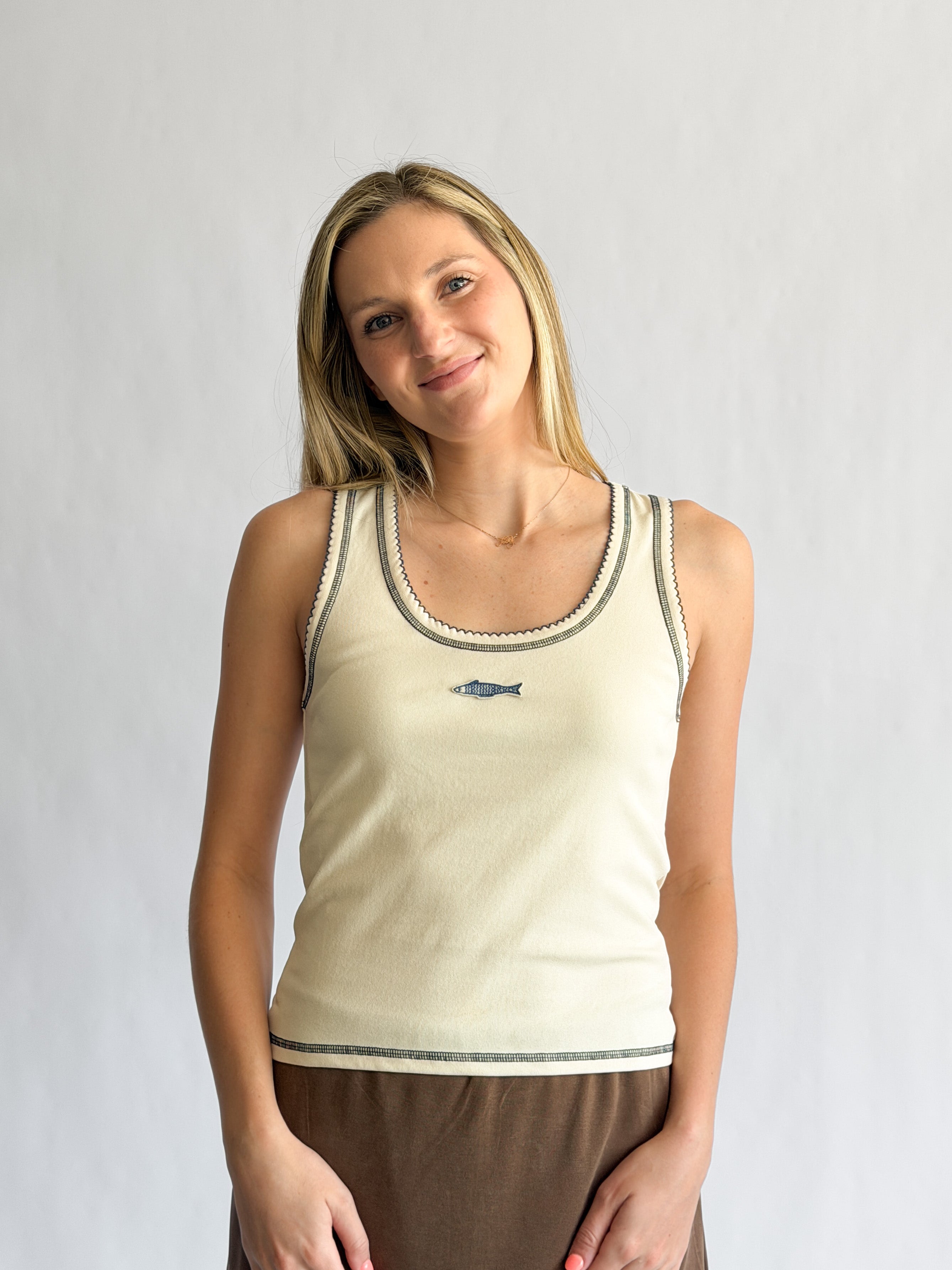 Reese Cream Contrast Stitch Fish Patch Tank Top
