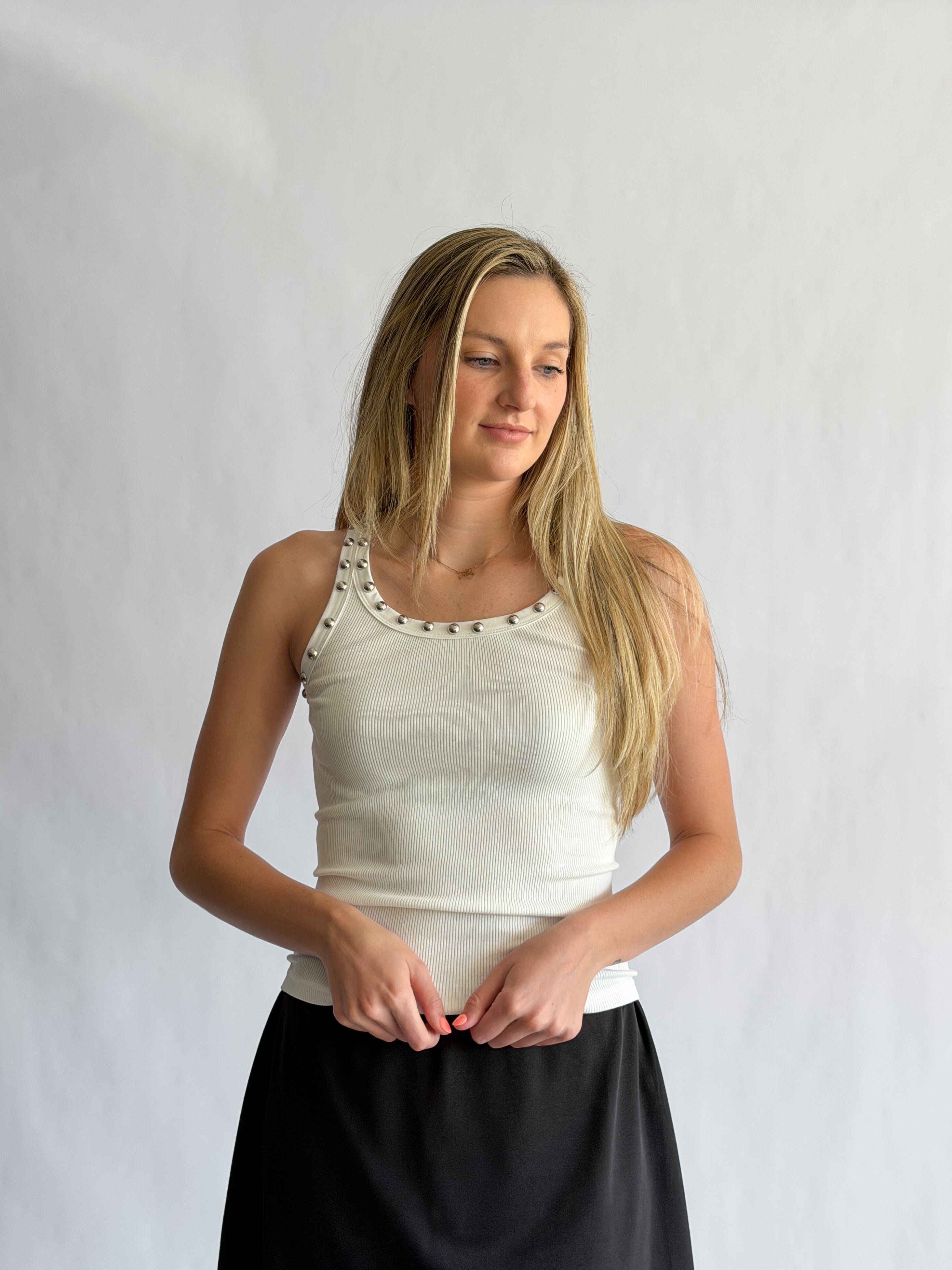 Remy Stud Detail Ribbed Tank Top (White)