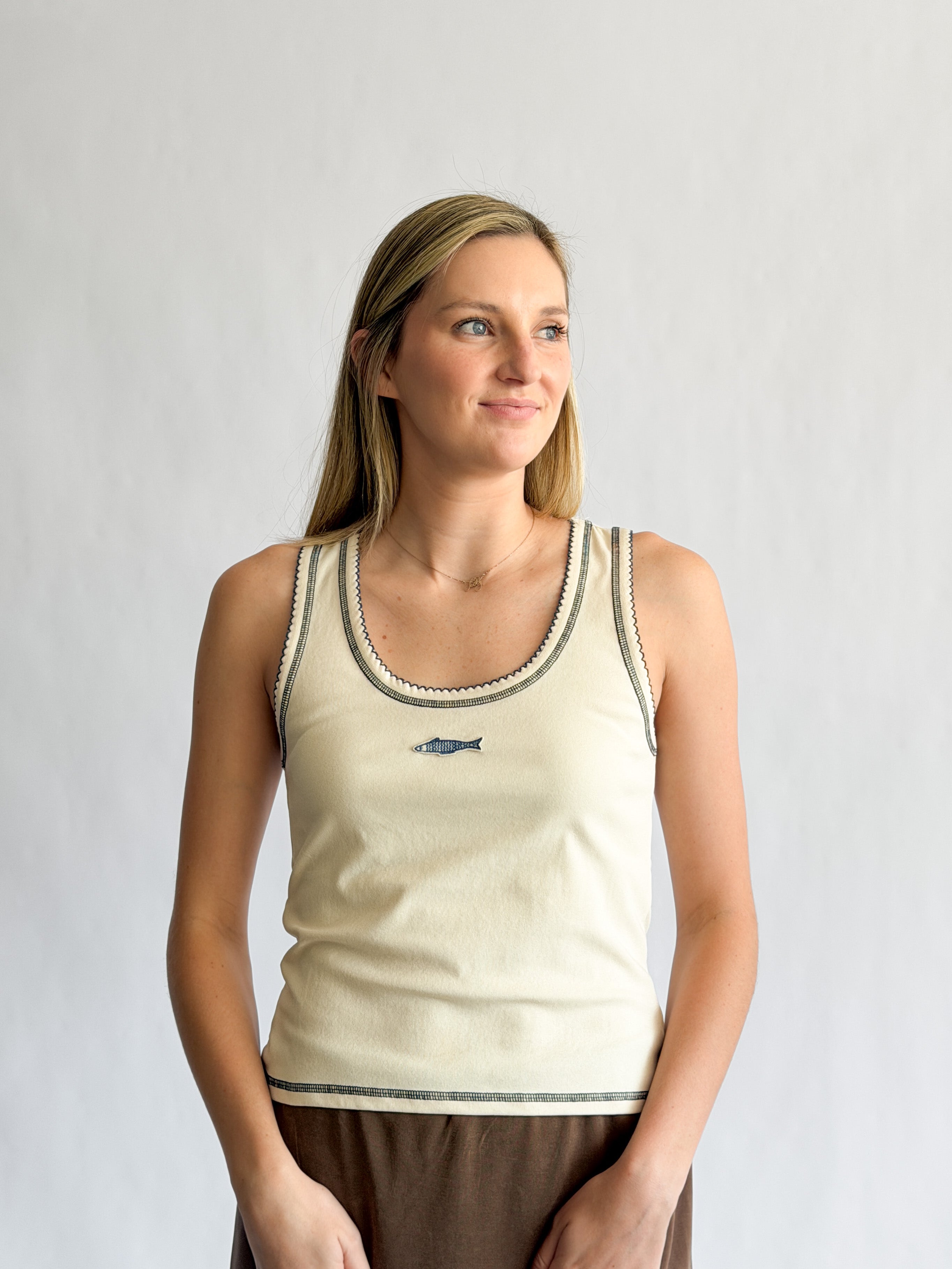Reese Cream Contrast Stitch Fish Patch Tank Top