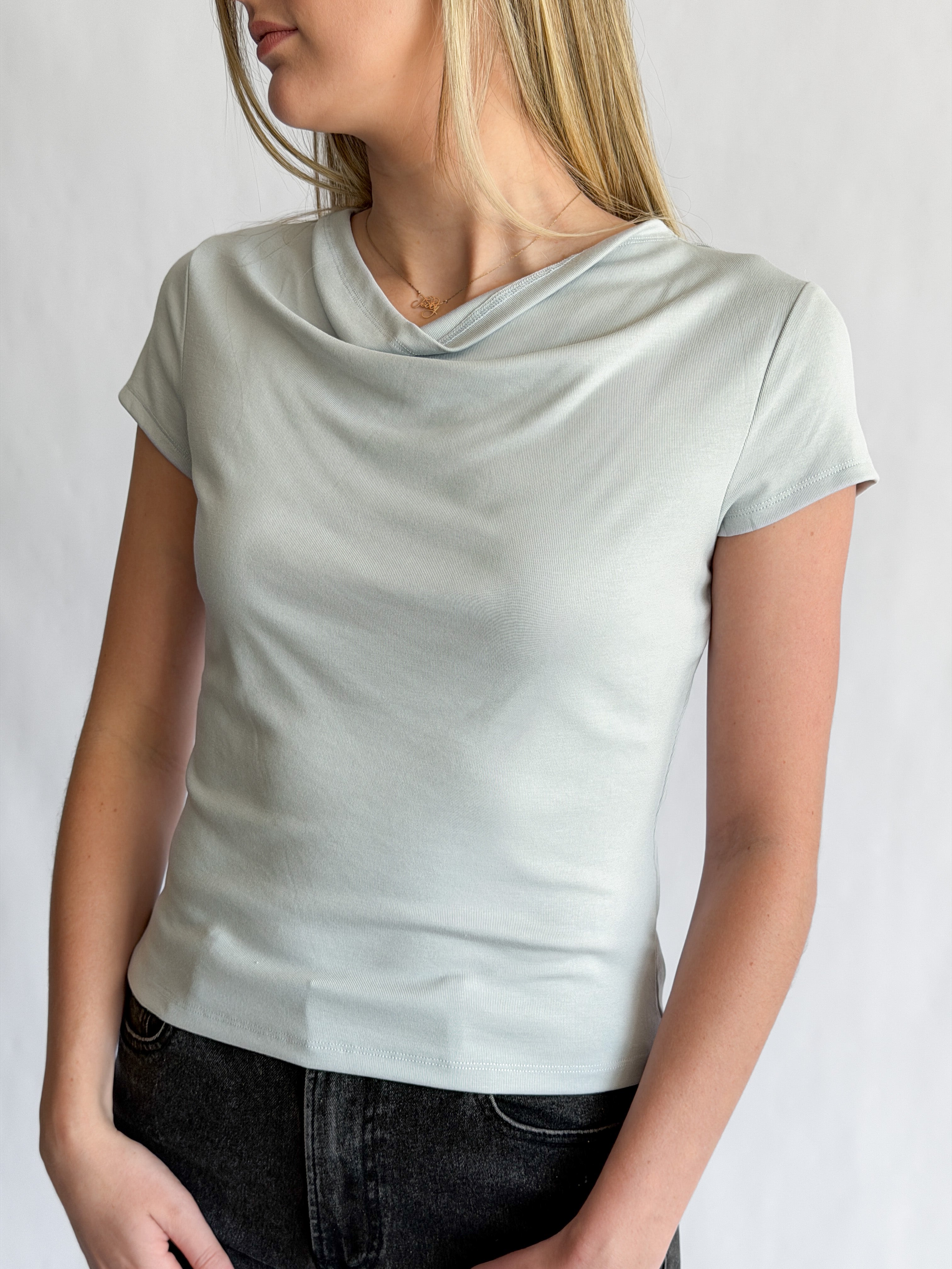 Quinn Soft Stretch Boatneck Short Sleeve Top (Blue)