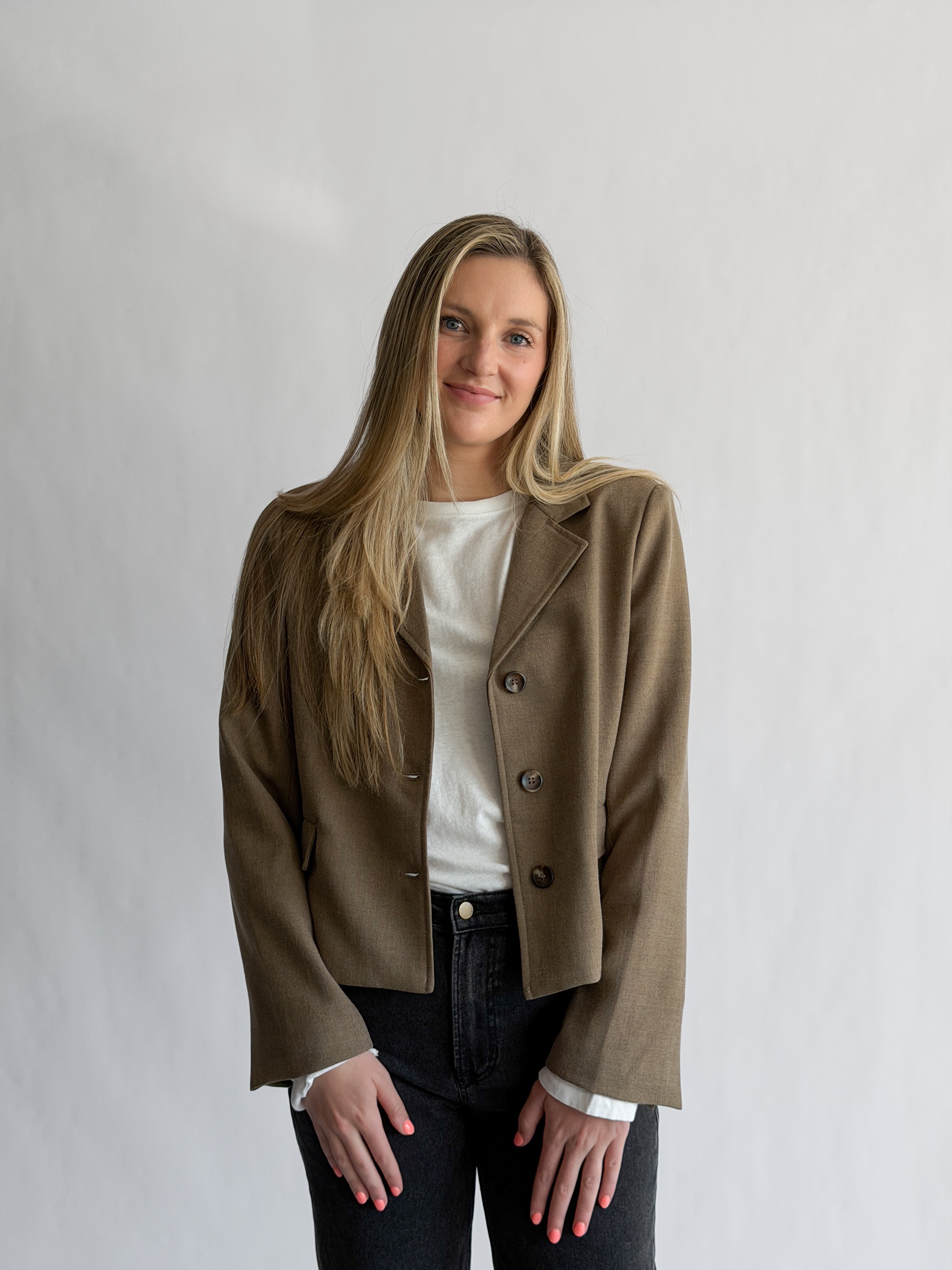 Rowan Taupe Boxy Crop Buttoned Blazer