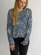 Ryder Blue Paisley Print Fuzzy Knit Zipper Hoodie Cardigan