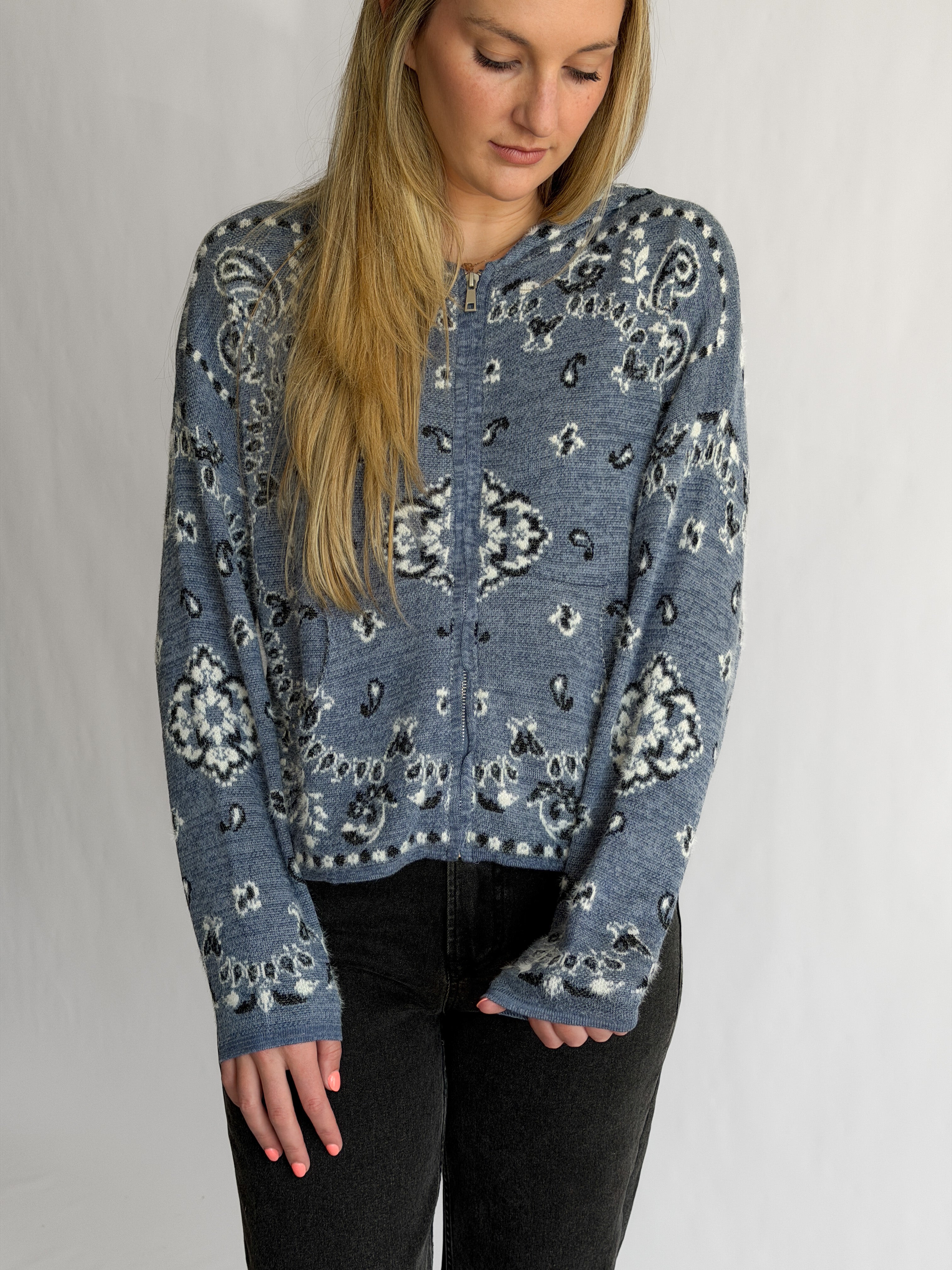 Ryder Blue Paisley Print Fuzzy Knit Zipper Hoodie Cardigan
