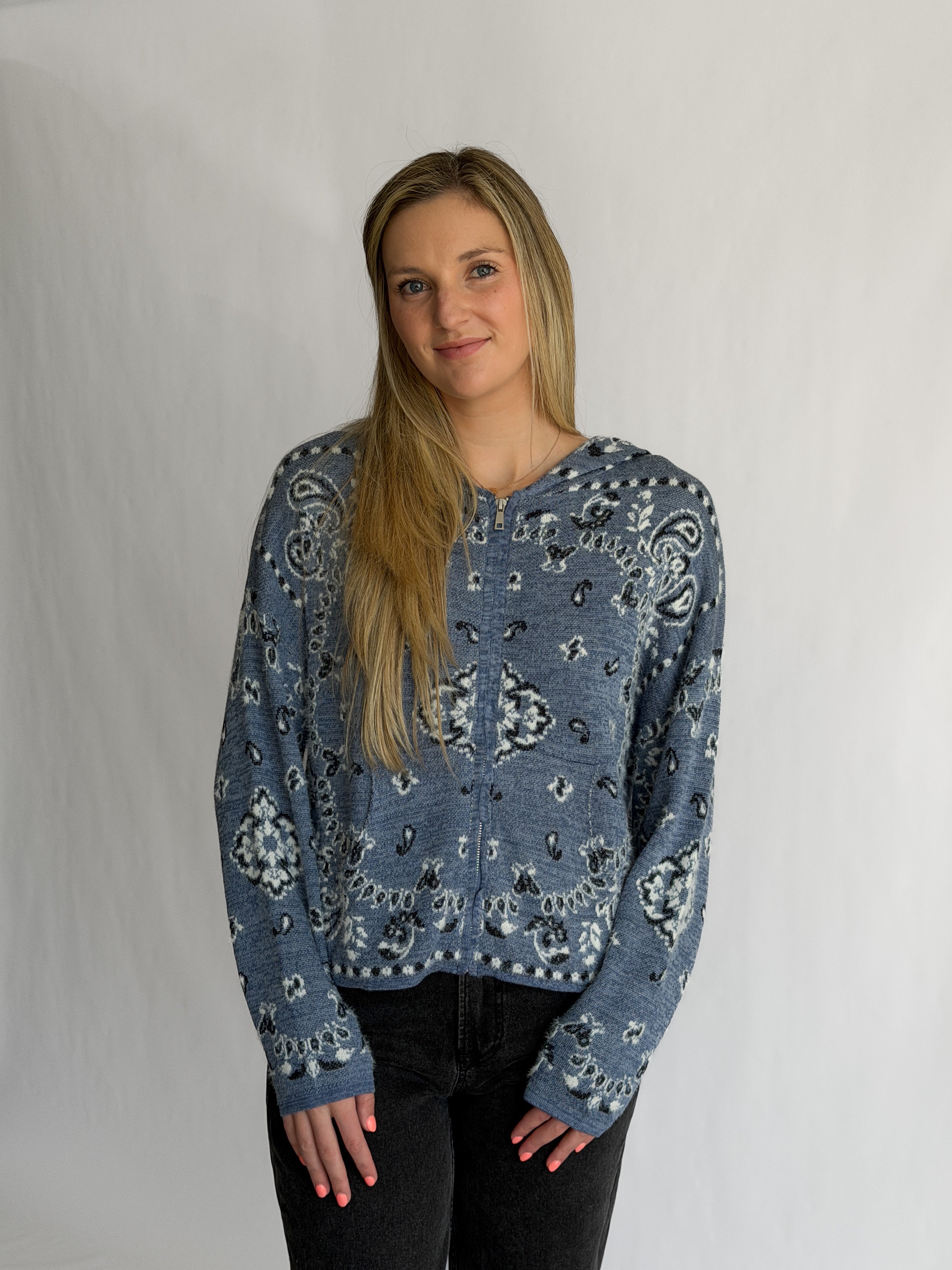 Ryder Blue Paisley Print Fuzzy Knit Zipper Hoodie Cardigan
