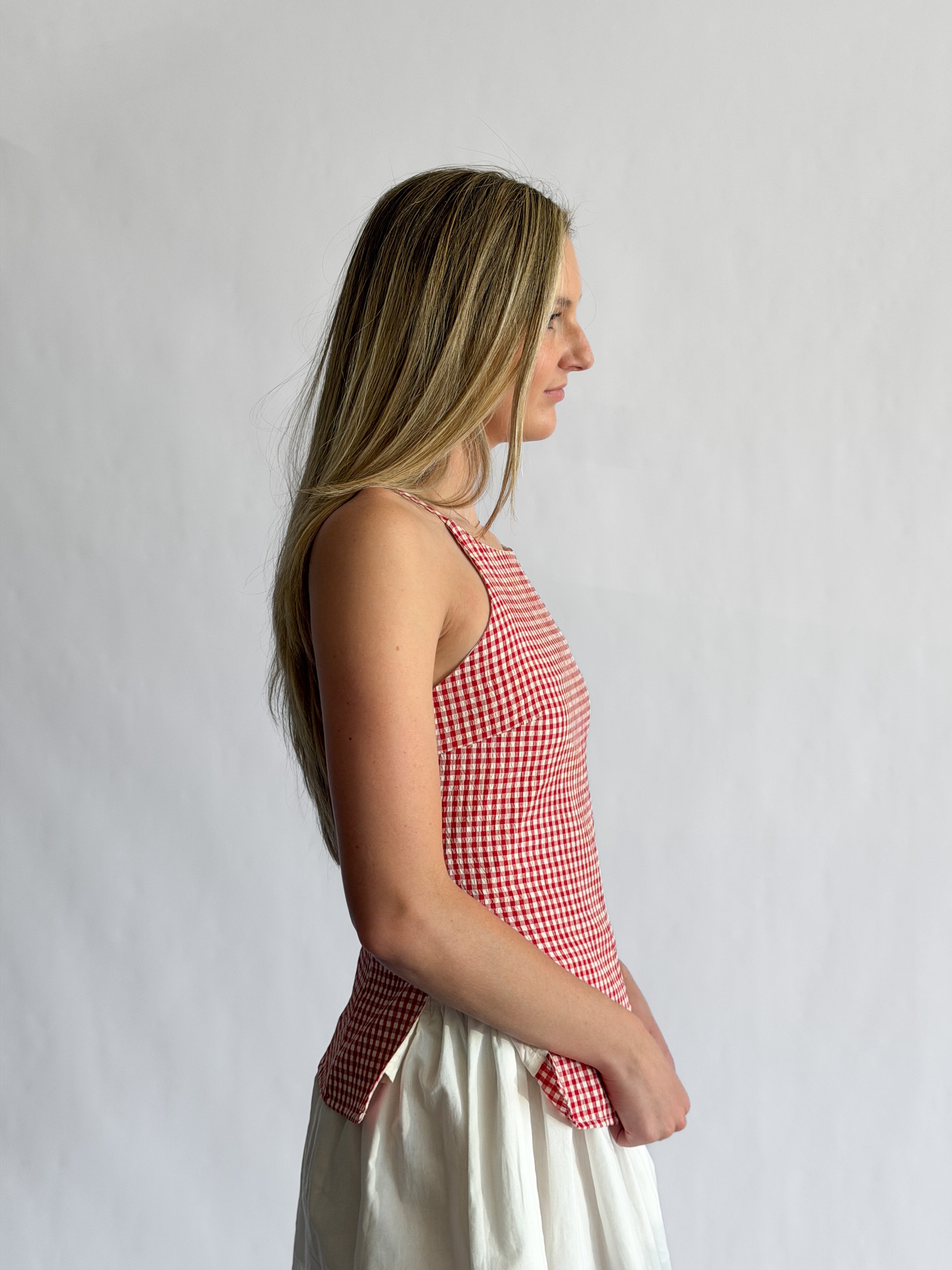 Rory Red Gingham Boatneck Sleeveless Top
