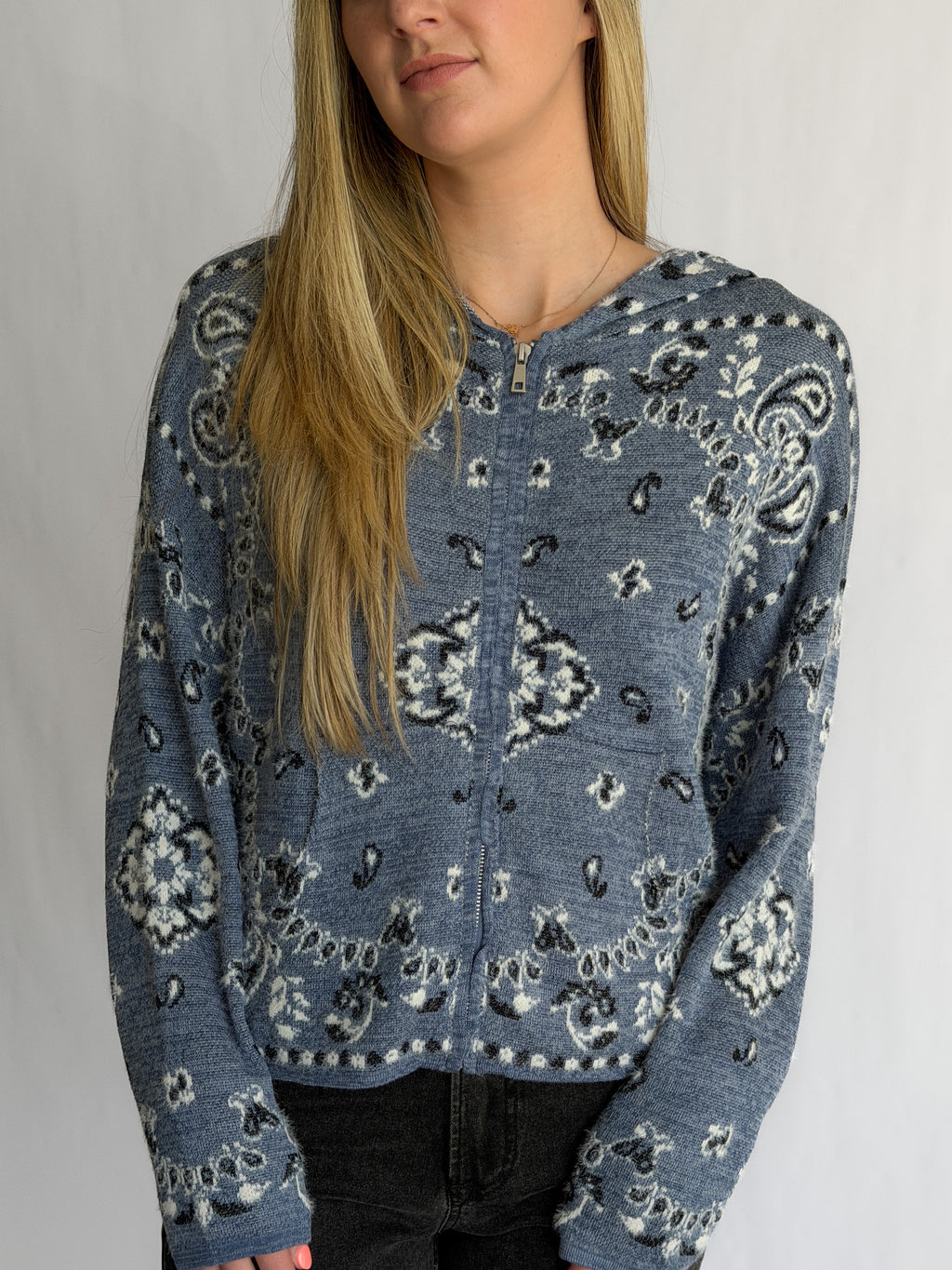 Ryder Blue Paisley Print Fuzzy Knit Zipper Hoodie Cardigan