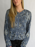 Ryder Blue Paisley Print Fuzzy Knit Zipper Hoodie Cardigan