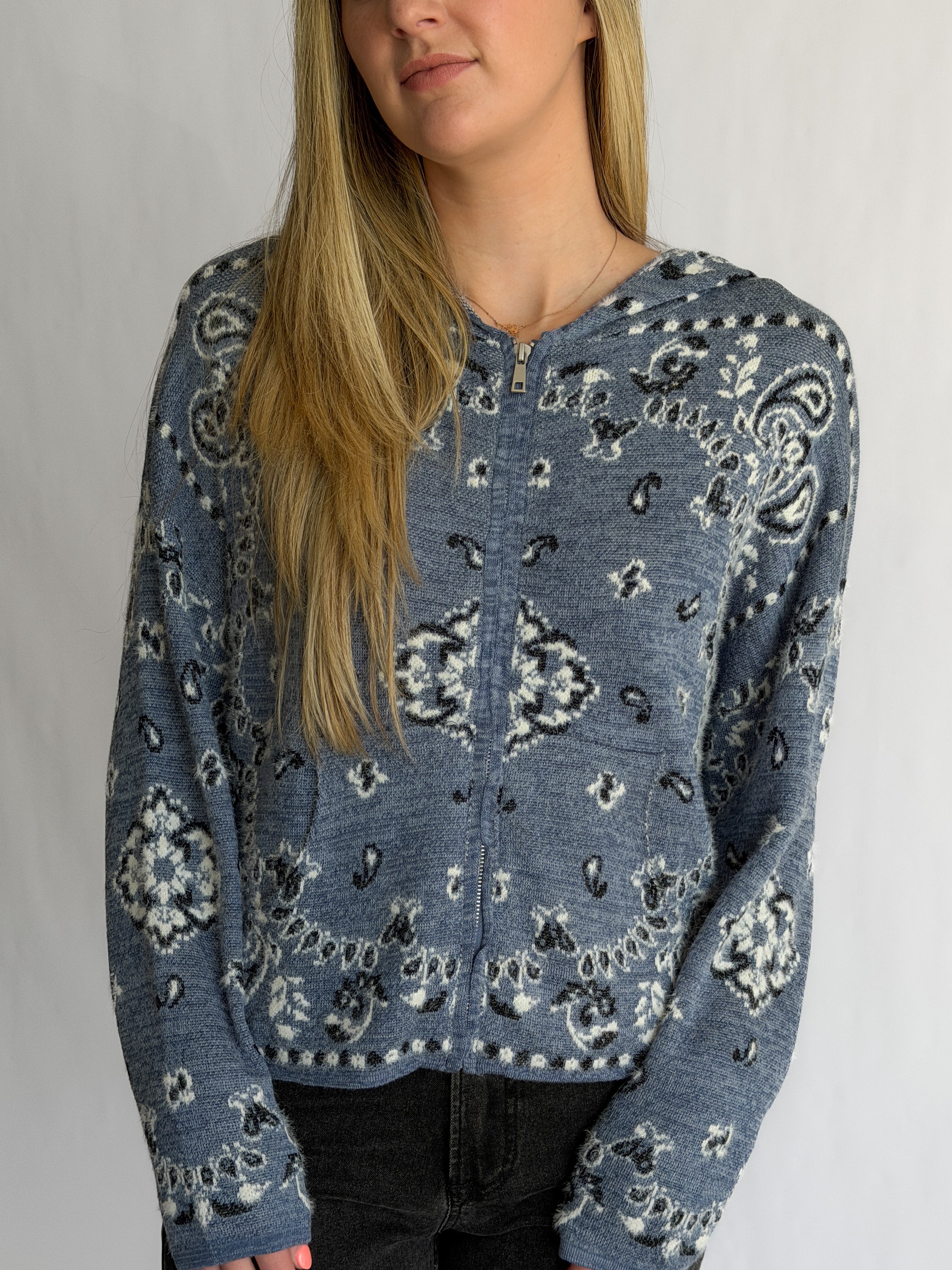 Ryder Blue Paisley Print Fuzzy Knit Zipper Hoodie Cardigan