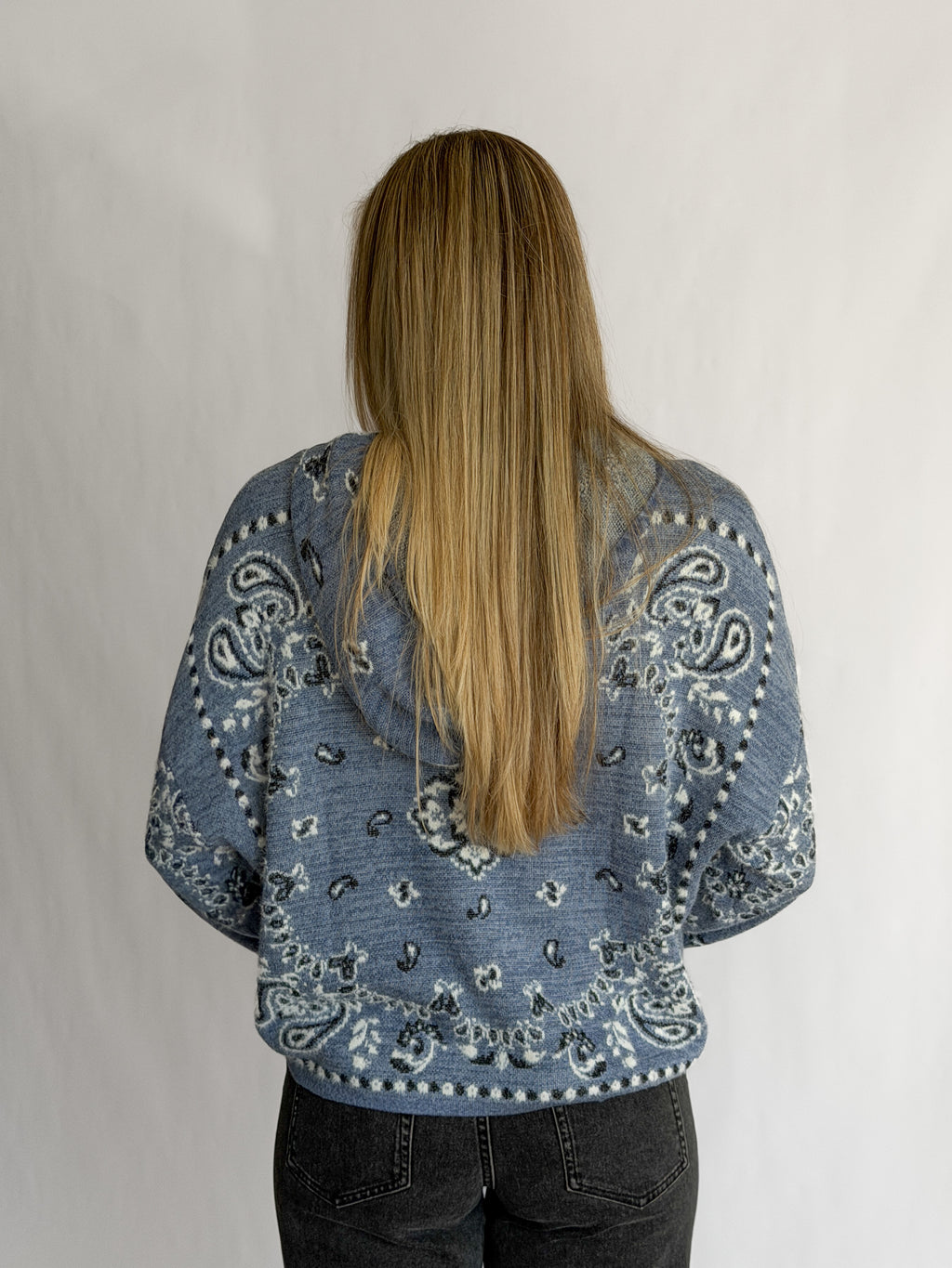 Ryder Blue Paisley Print Fuzzy Knit Zipper Hoodie Cardigan
