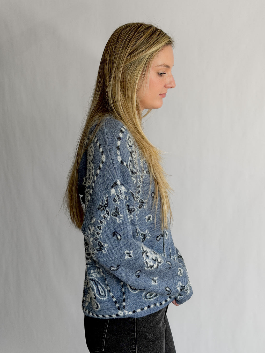 Ryder Blue Paisley Print Fuzzy Knit Zipper Hoodie Cardigan