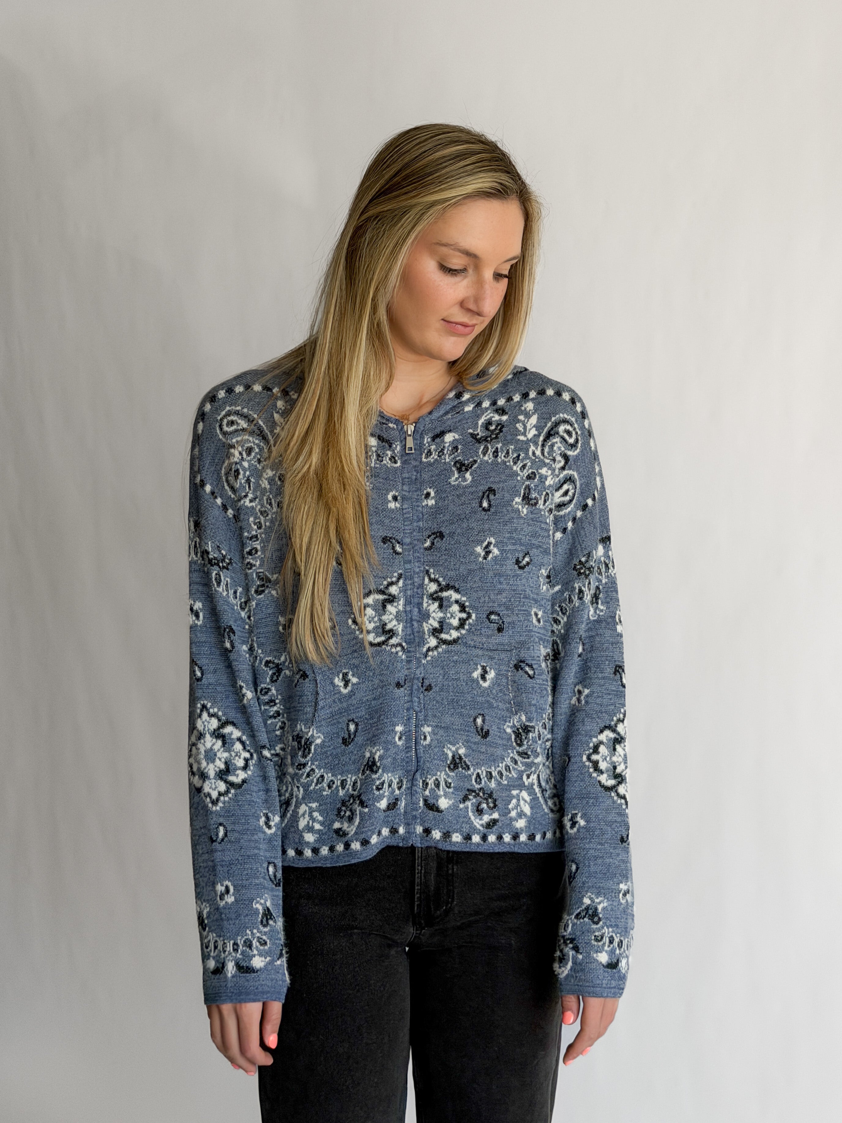 Ryder Blue Paisley Print Fuzzy Knit Zipper Hoodie Cardigan