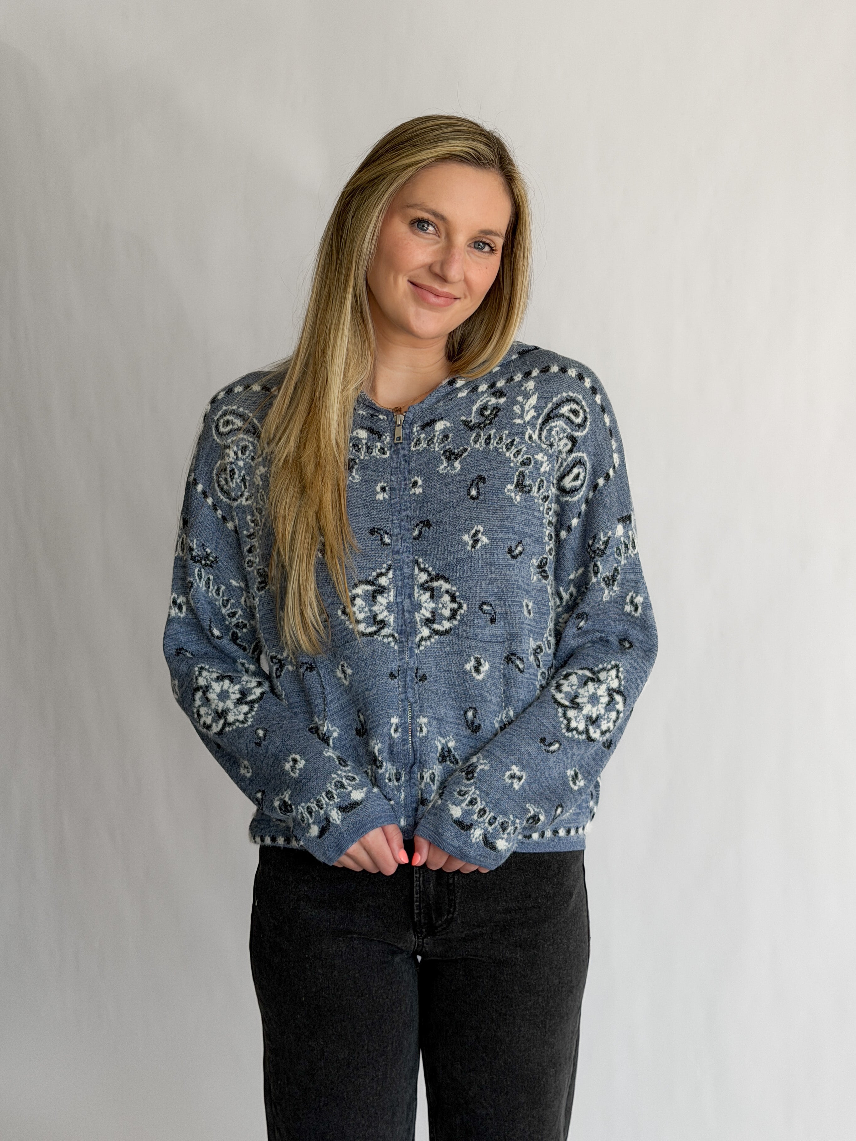 Ryder Blue Paisley Print Fuzzy Knit Zipper Hoodie Cardigan