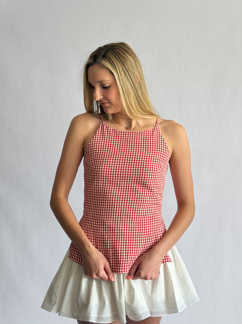 Rory Red Gingham Boatneck Sleeveless Top