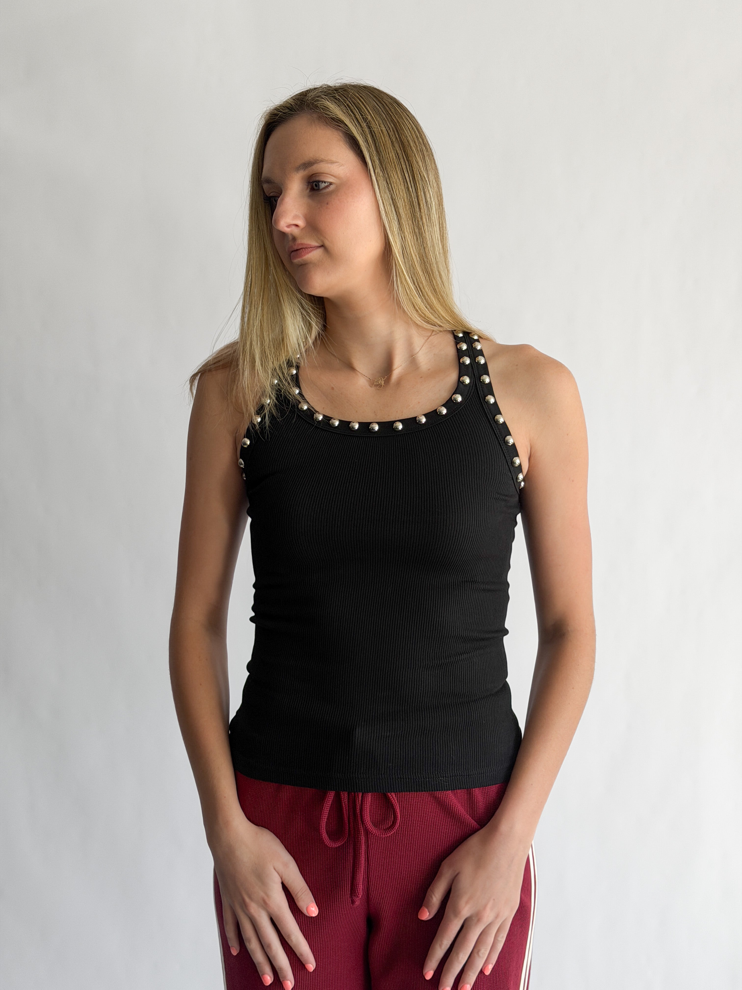 Remy Stud Detail Ribbed Tank Top (Black)