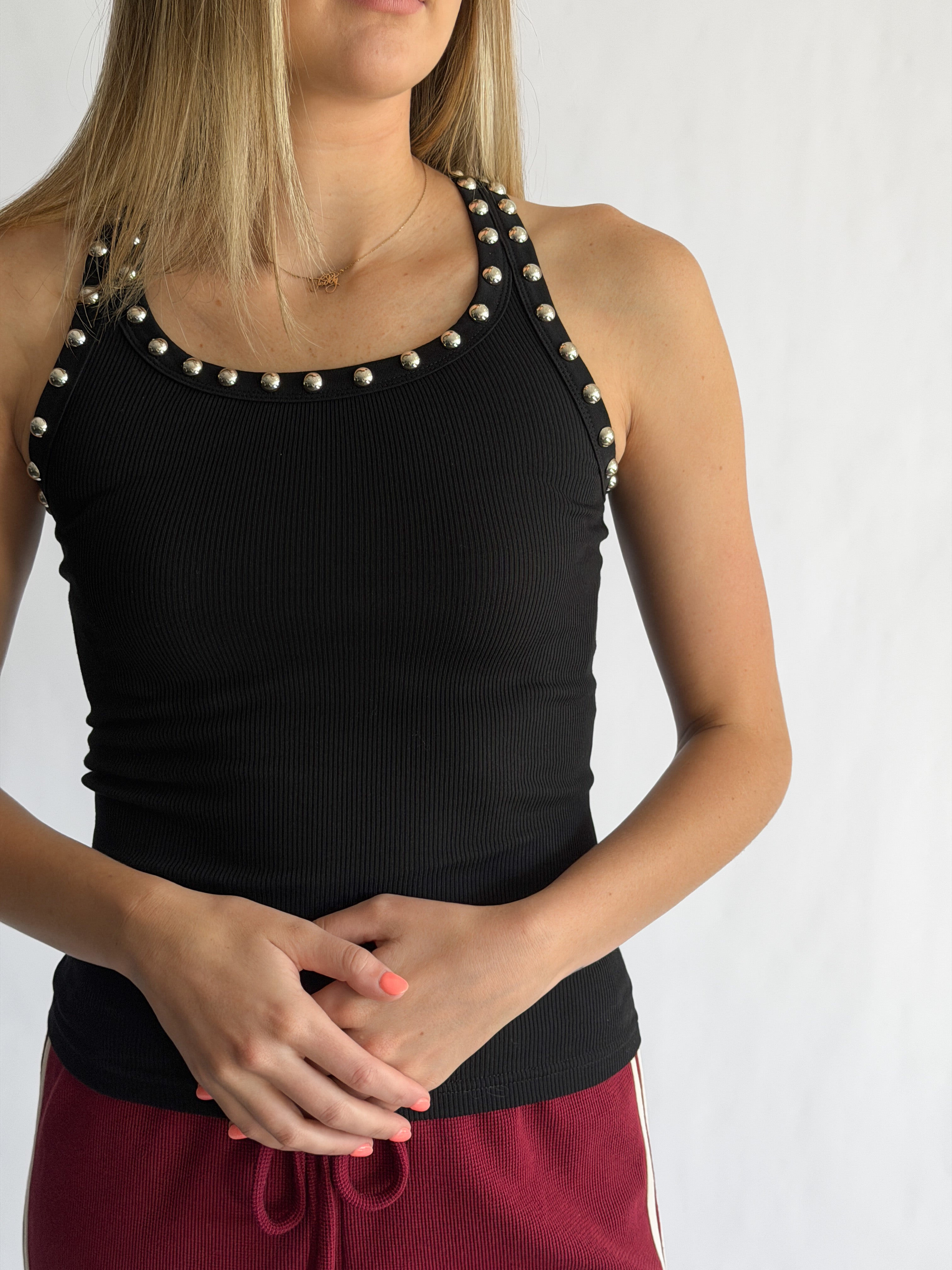 Remy Stud Detail Ribbed Tank Top (Black)