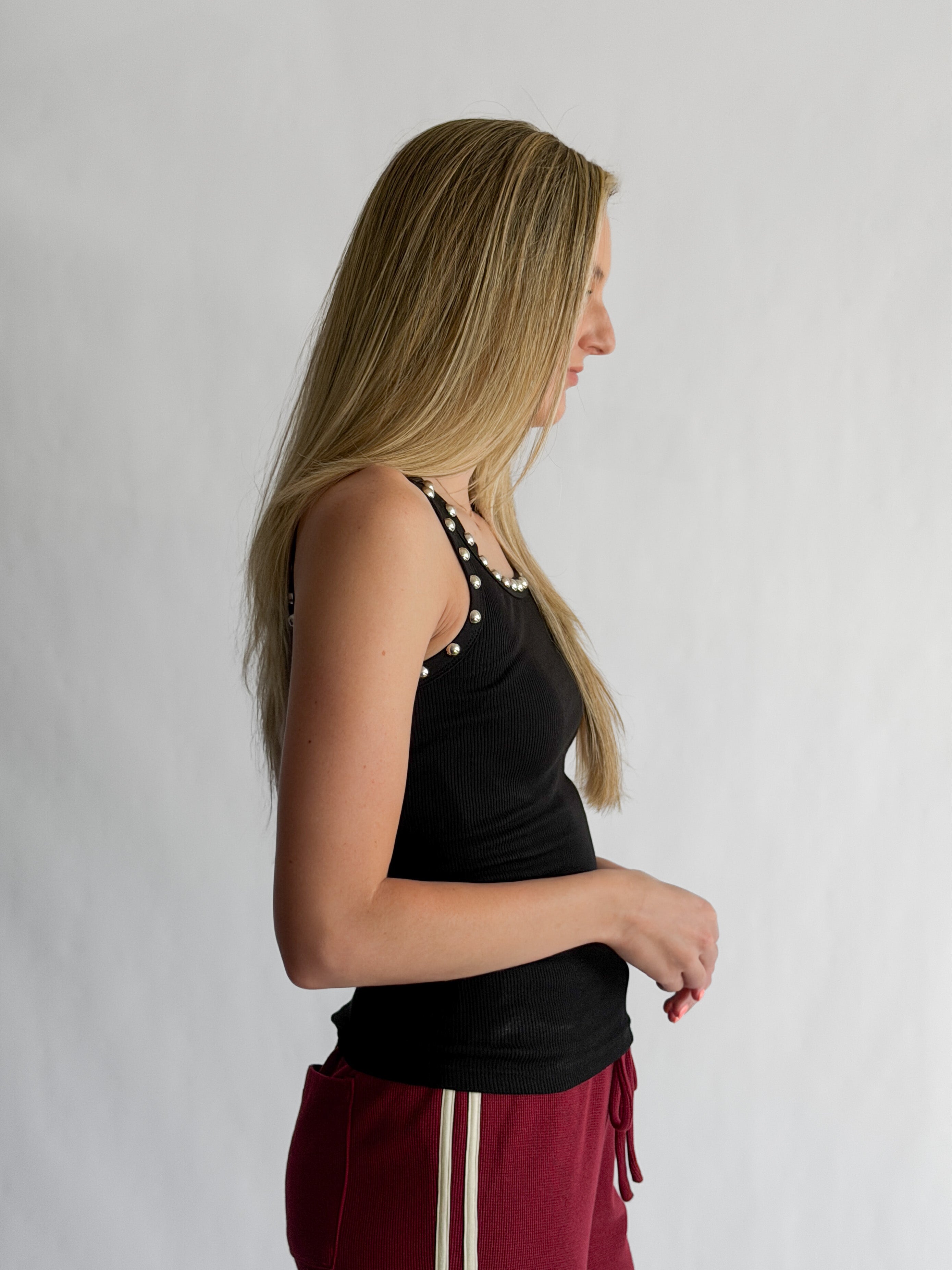 Remy Stud Detail Ribbed Tank Top (Black)