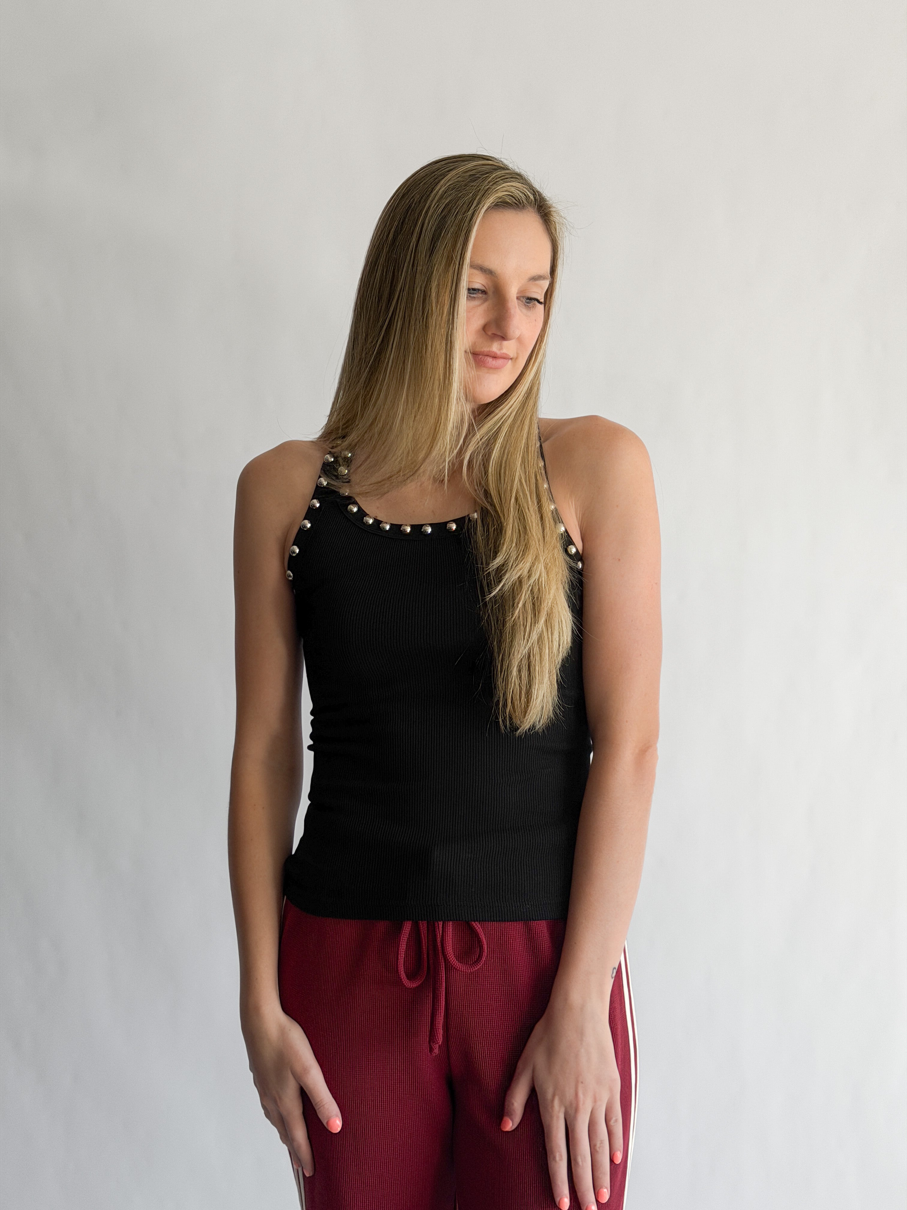 Remy Stud Detail Ribbed Tank Top (Black)