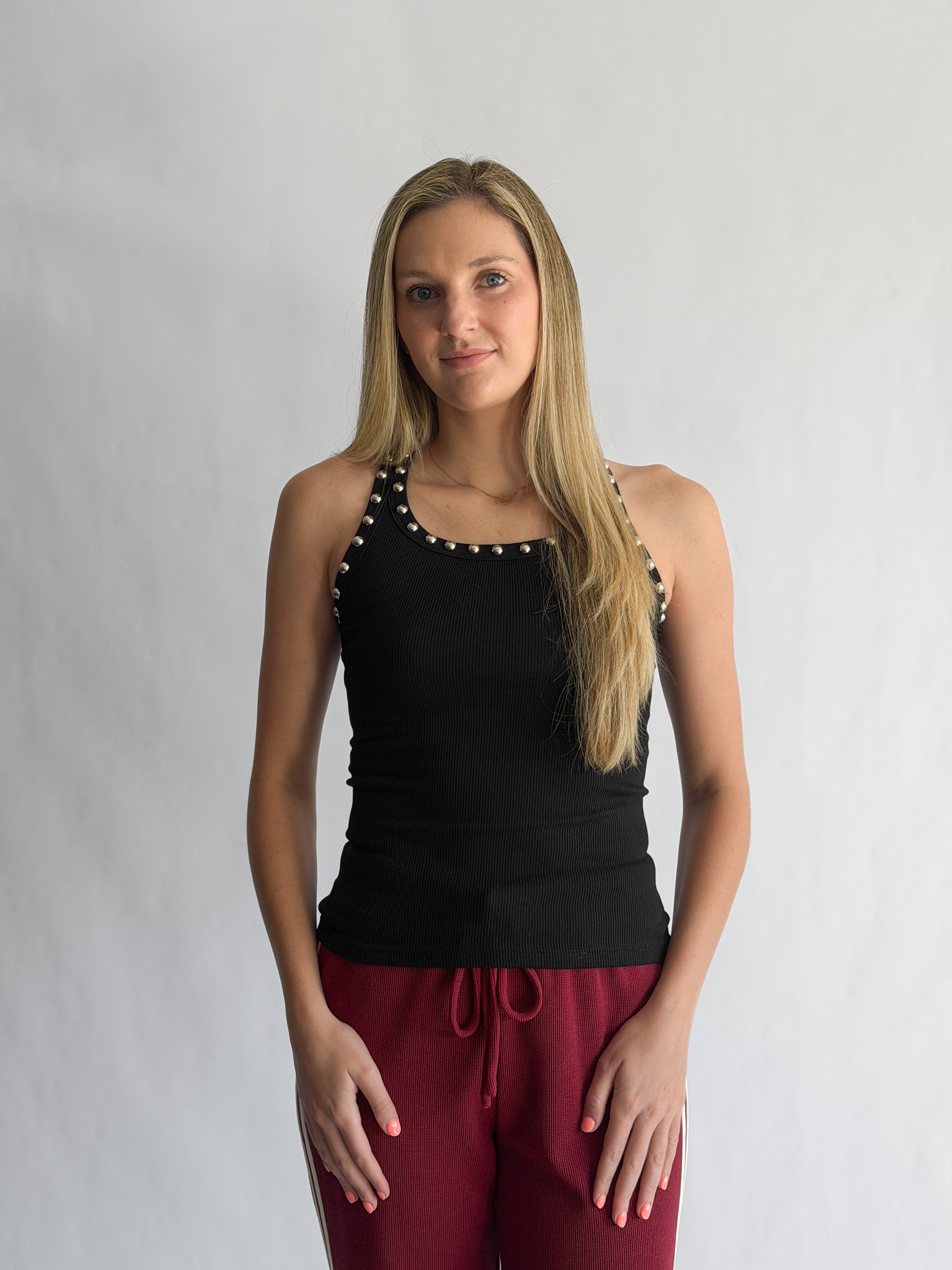 Remy Stud Detail Ribbed Tank Top (Black)