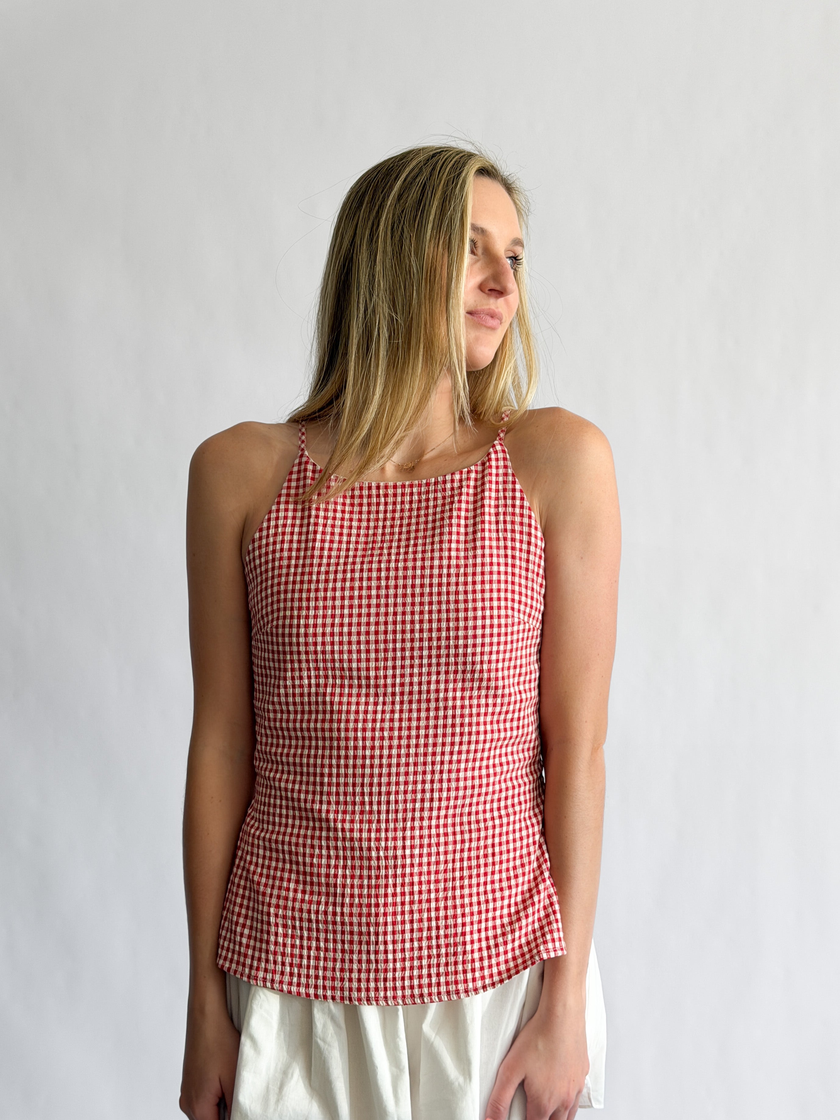 Rory Red Gingham Boatneck Sleeveless Top