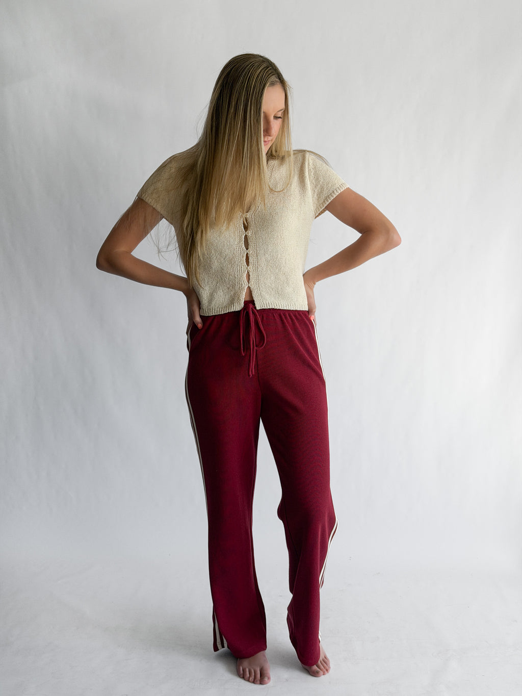 Piper Waffle Knit Stripe Track Pants (Maroon)
