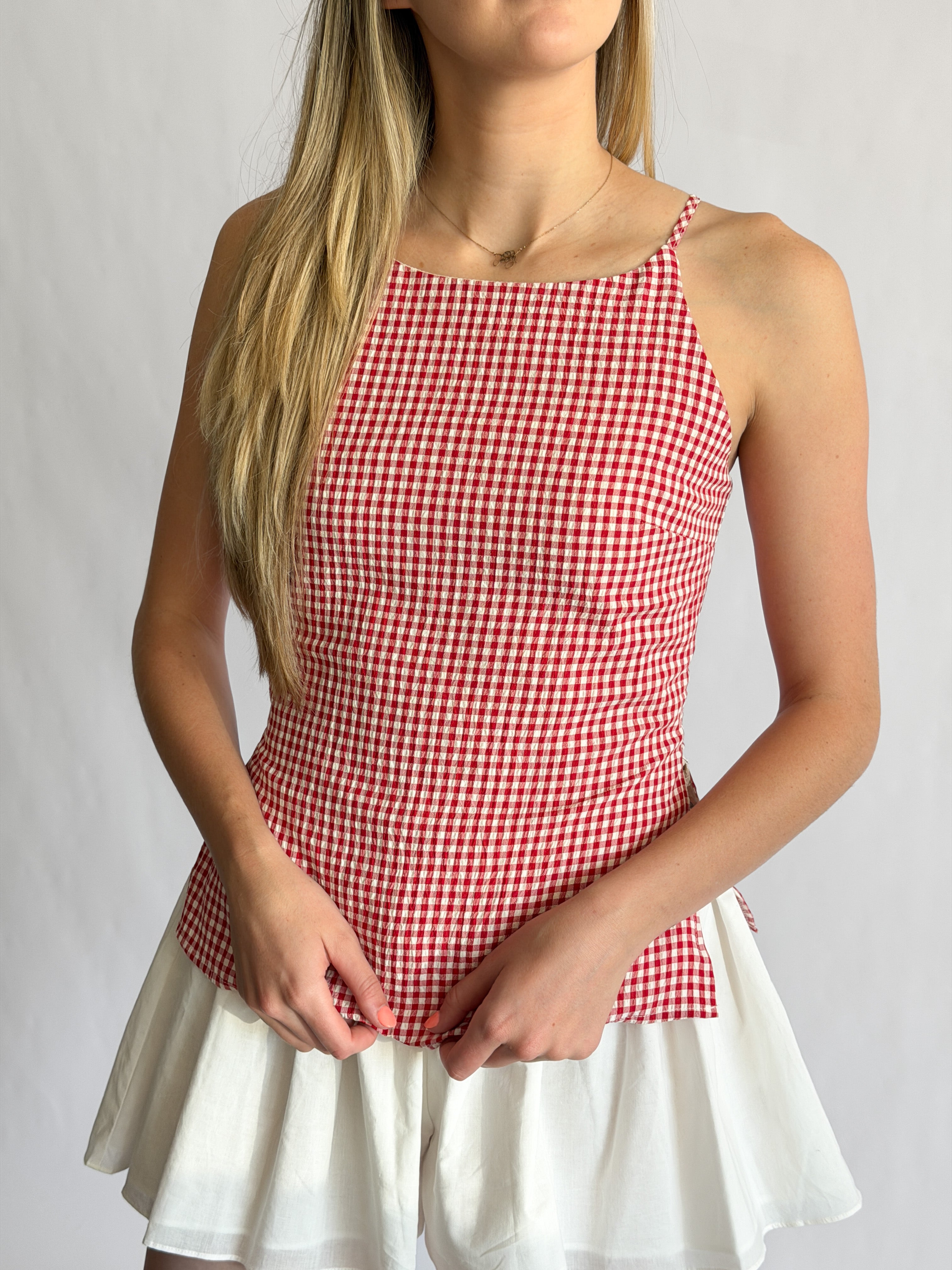Rory Red Gingham Boatneck Sleeveless Top