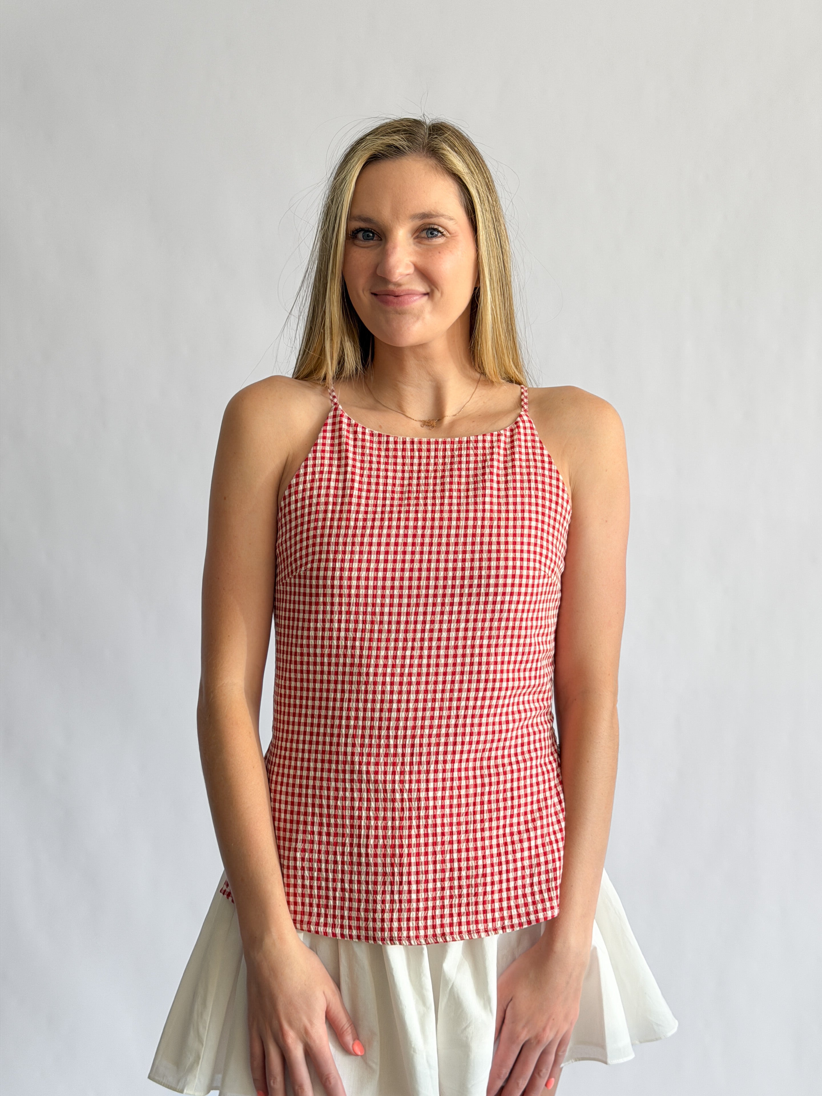 Rory Red Gingham Boatneck Sleeveless Top