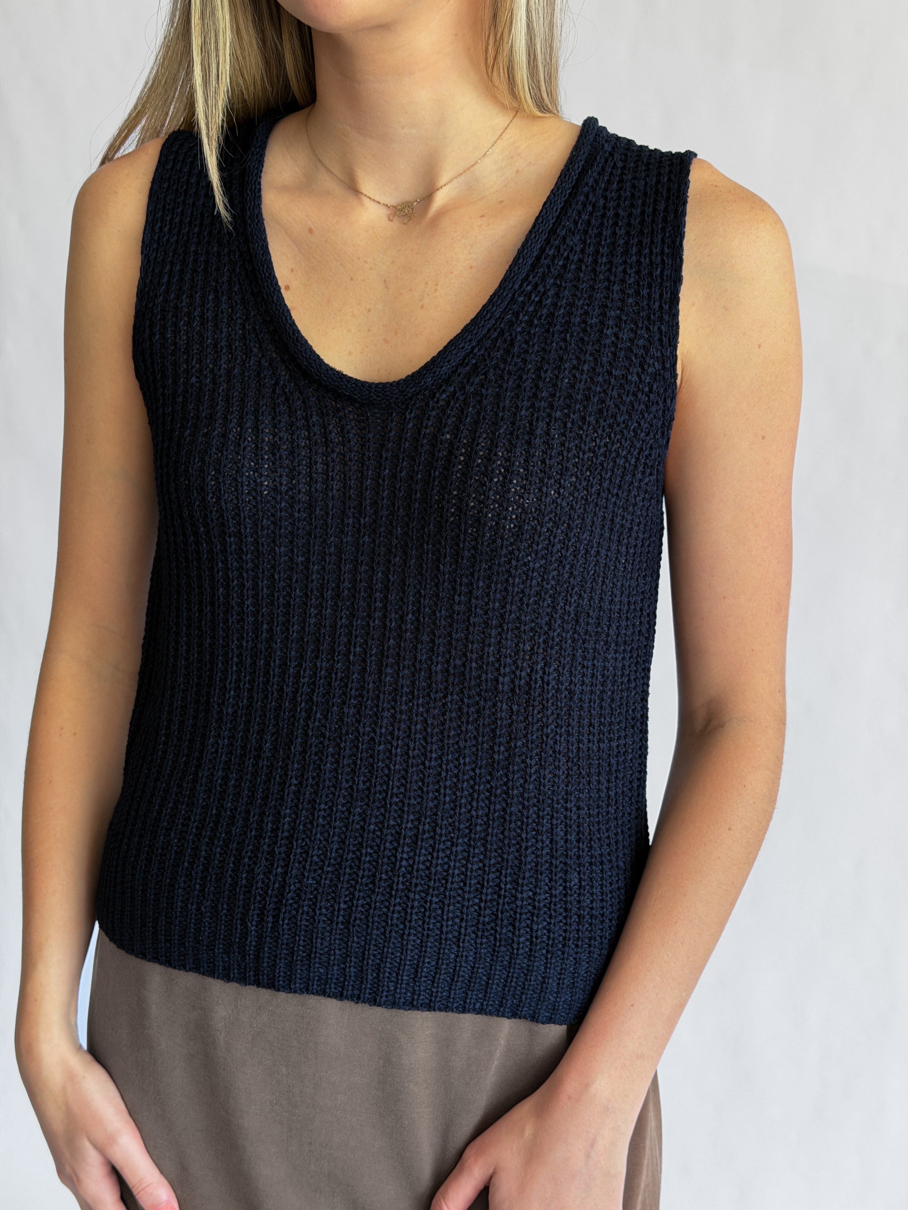 Elle Grey Iris Navy Woven Knit Sleeveless Top