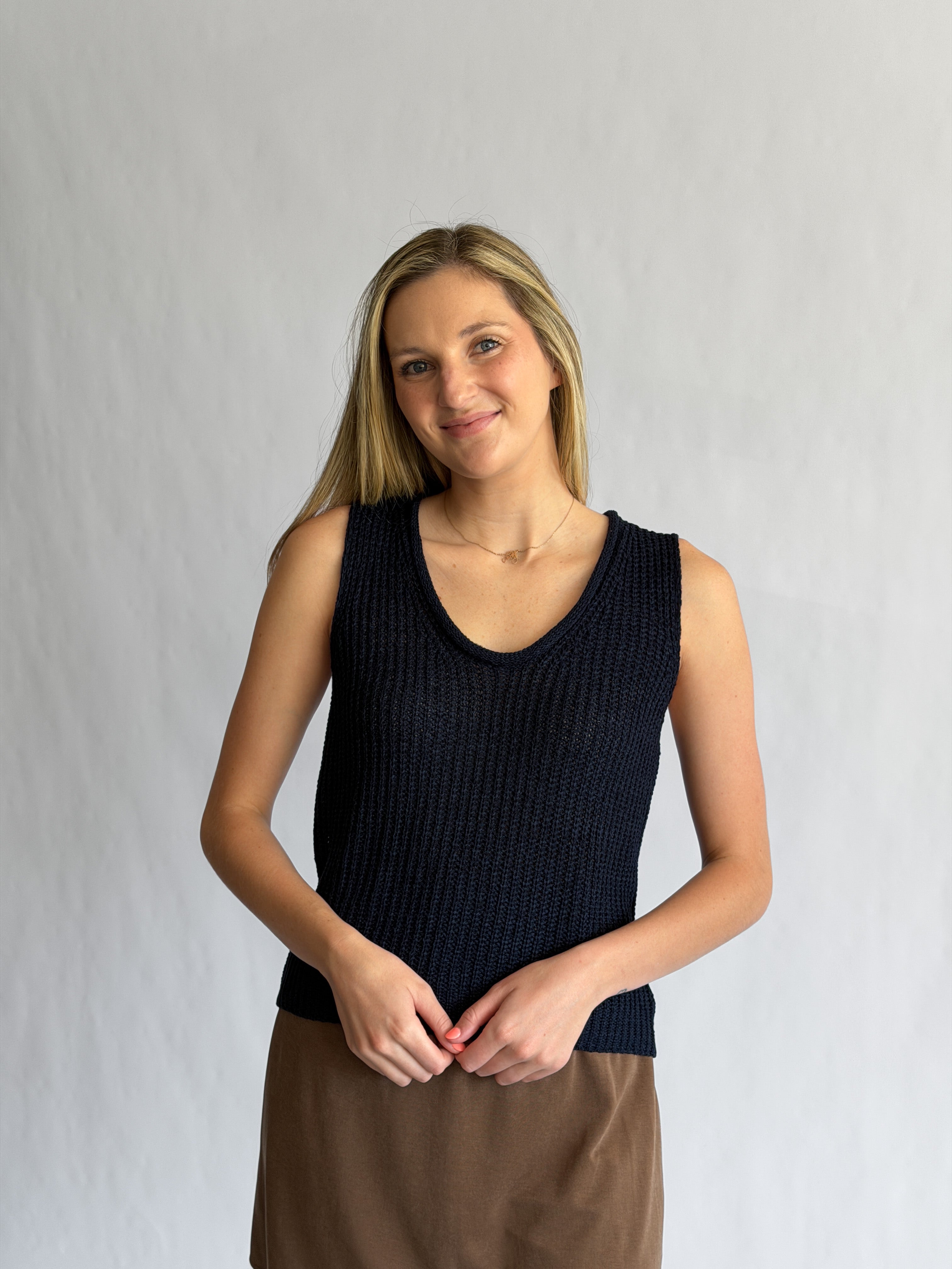 Elle Grey Iris Navy Woven Knit Sleeveless Top