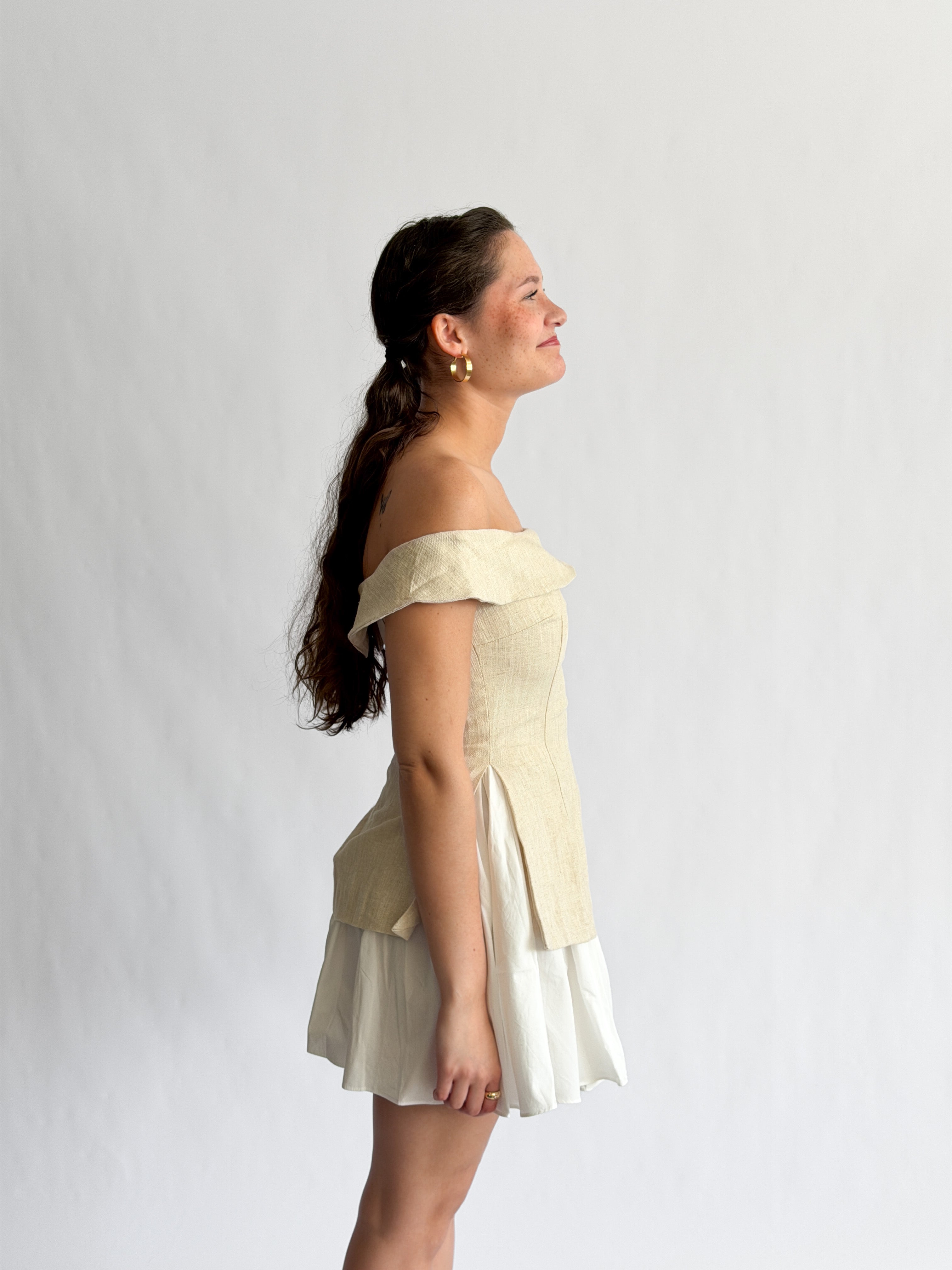 Sofie the Label Selena Off the Shoulder Mixed Media Mini Dress