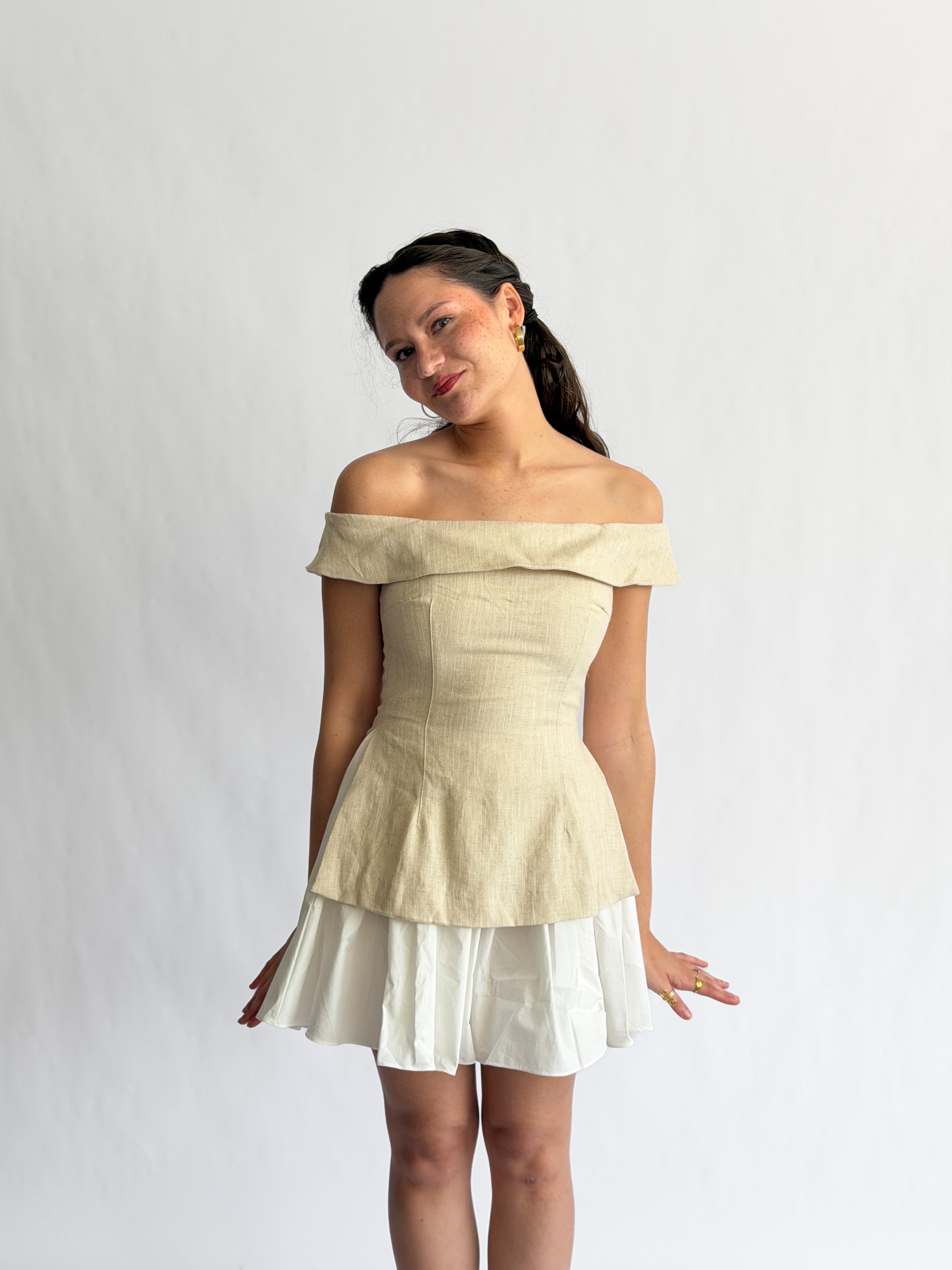 Sofie the Label Selena Off the Shoulder Mixed Media Mini Dress