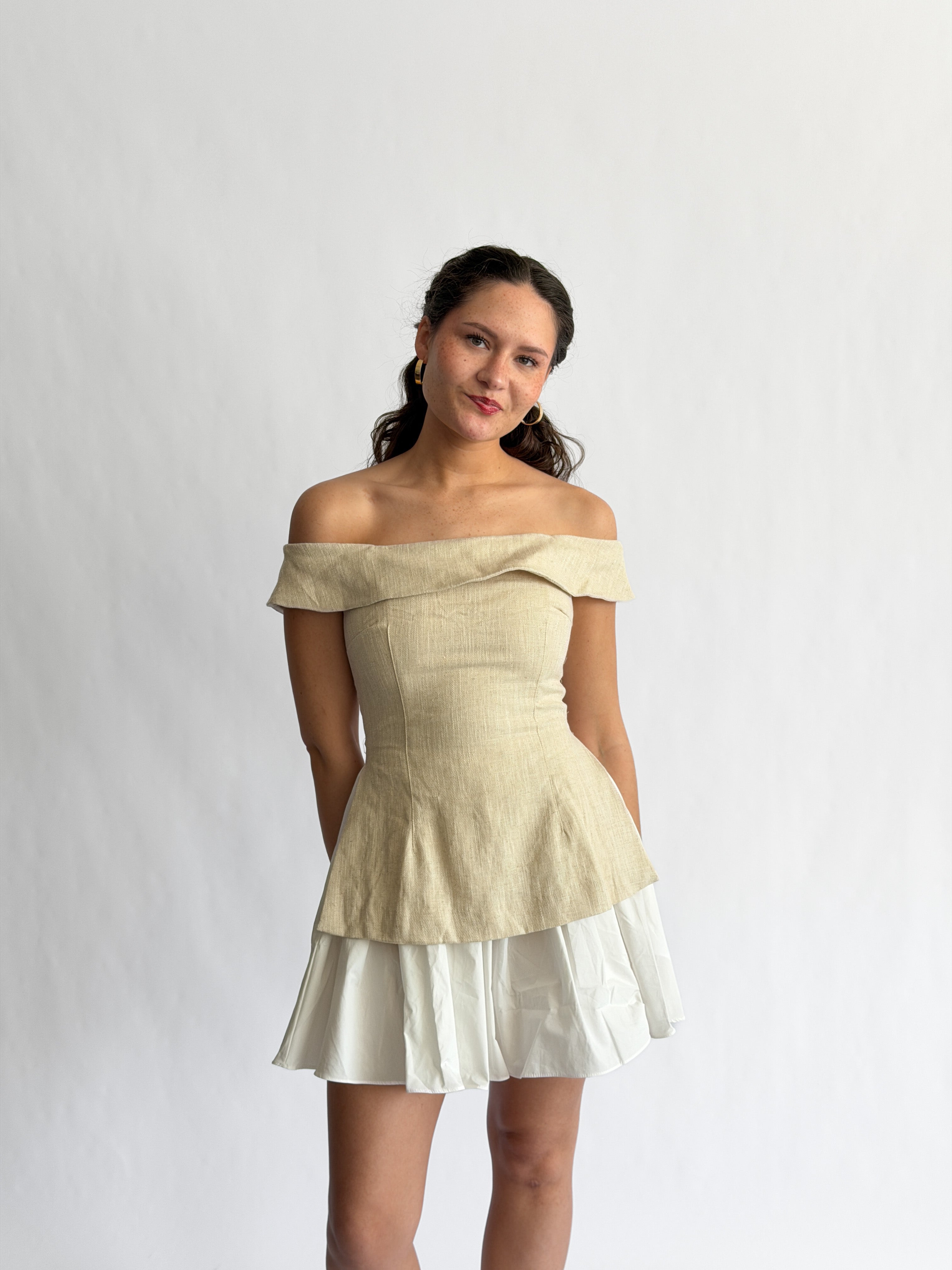 Sofie the Label Selena Off the Shoulder Mixed Media Mini Dress