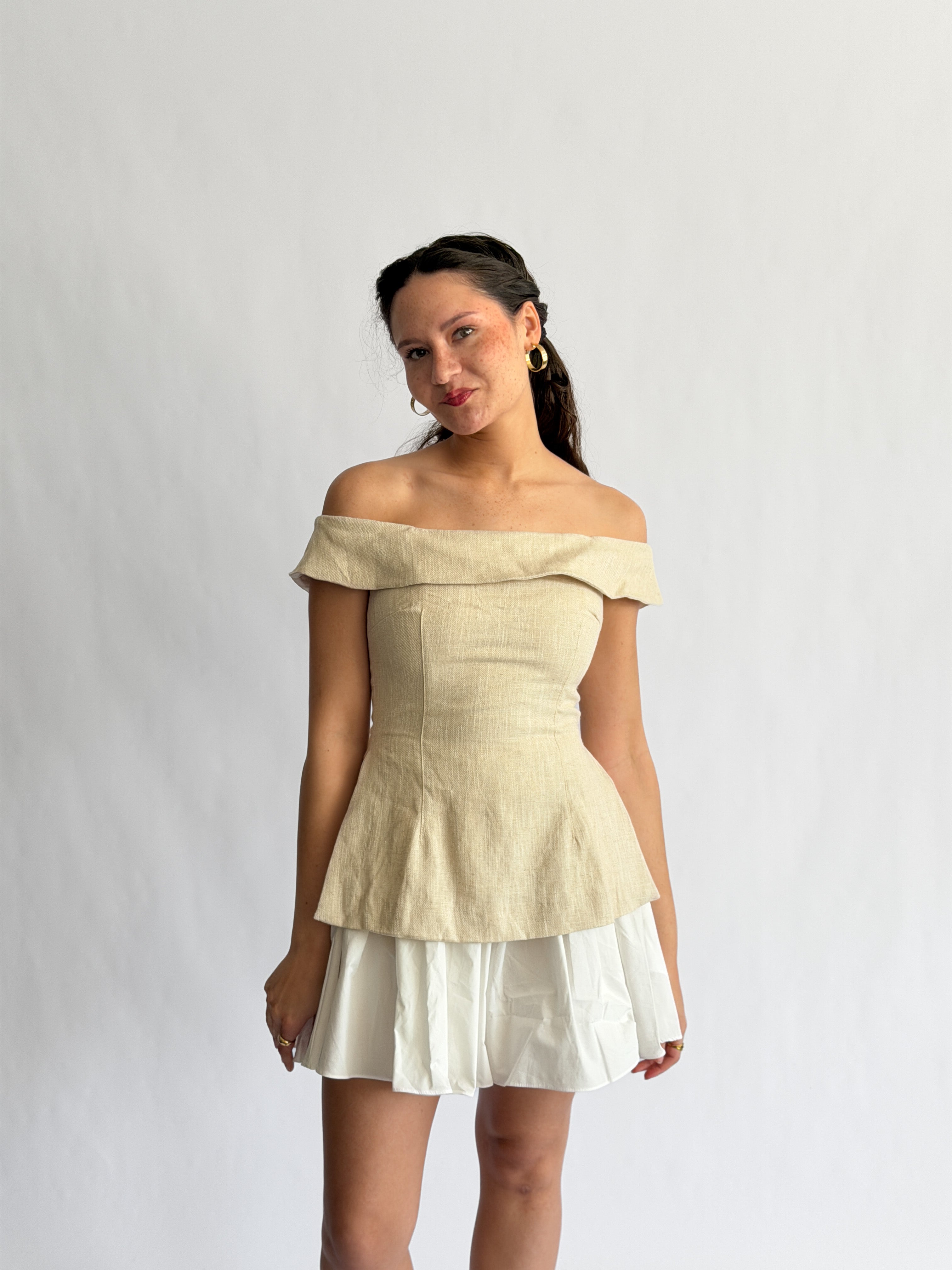 Sofie the Label Selena Off the Shoulder Mixed Media Mini Dress