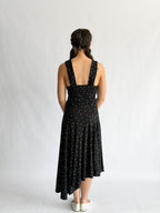 Sammie Polka Dot Ruched Asymmetrical Midi Dress (Black)