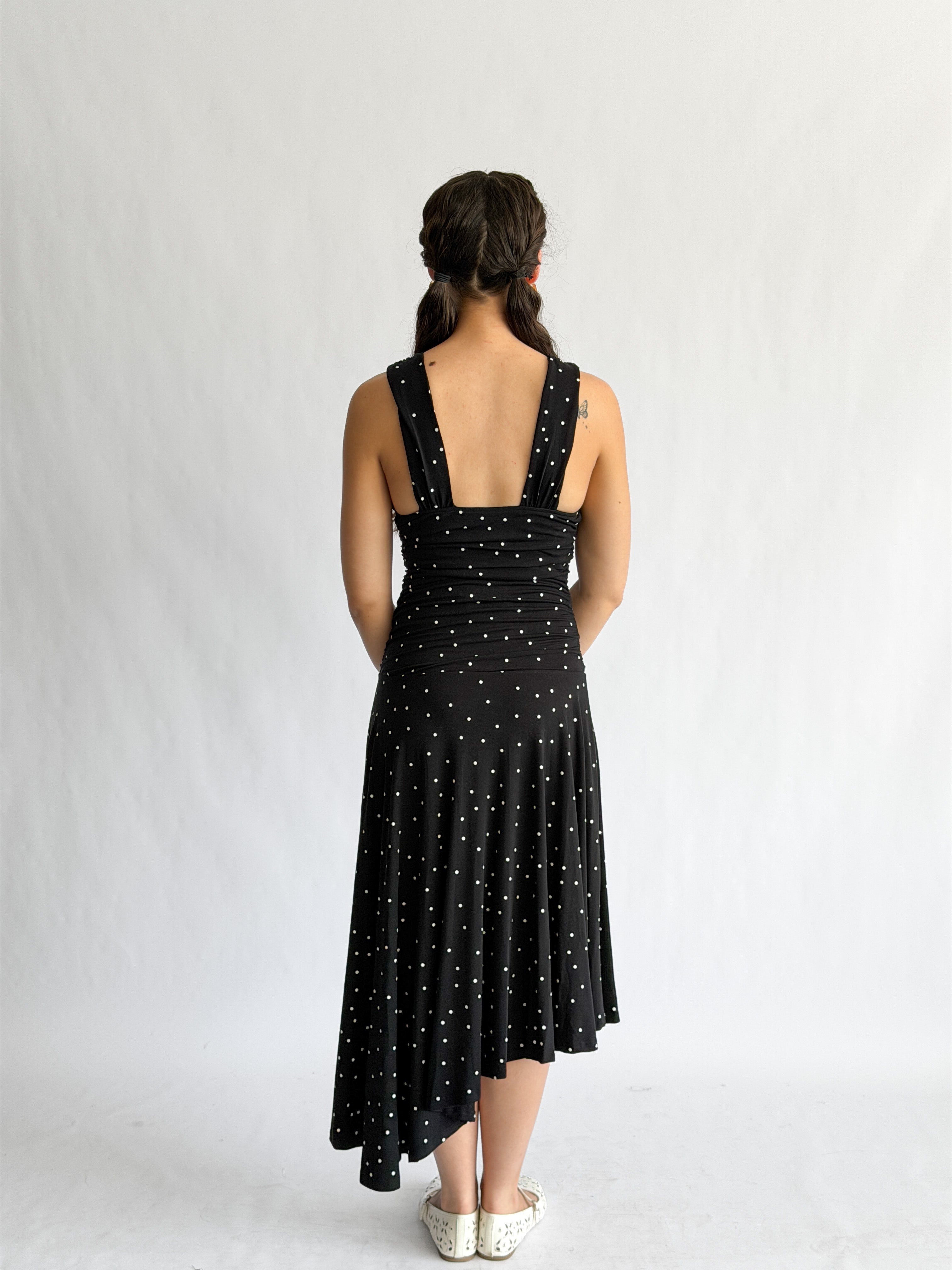 Sammie Polka Dot Ruched Asymmetrical Midi Dress (Black)