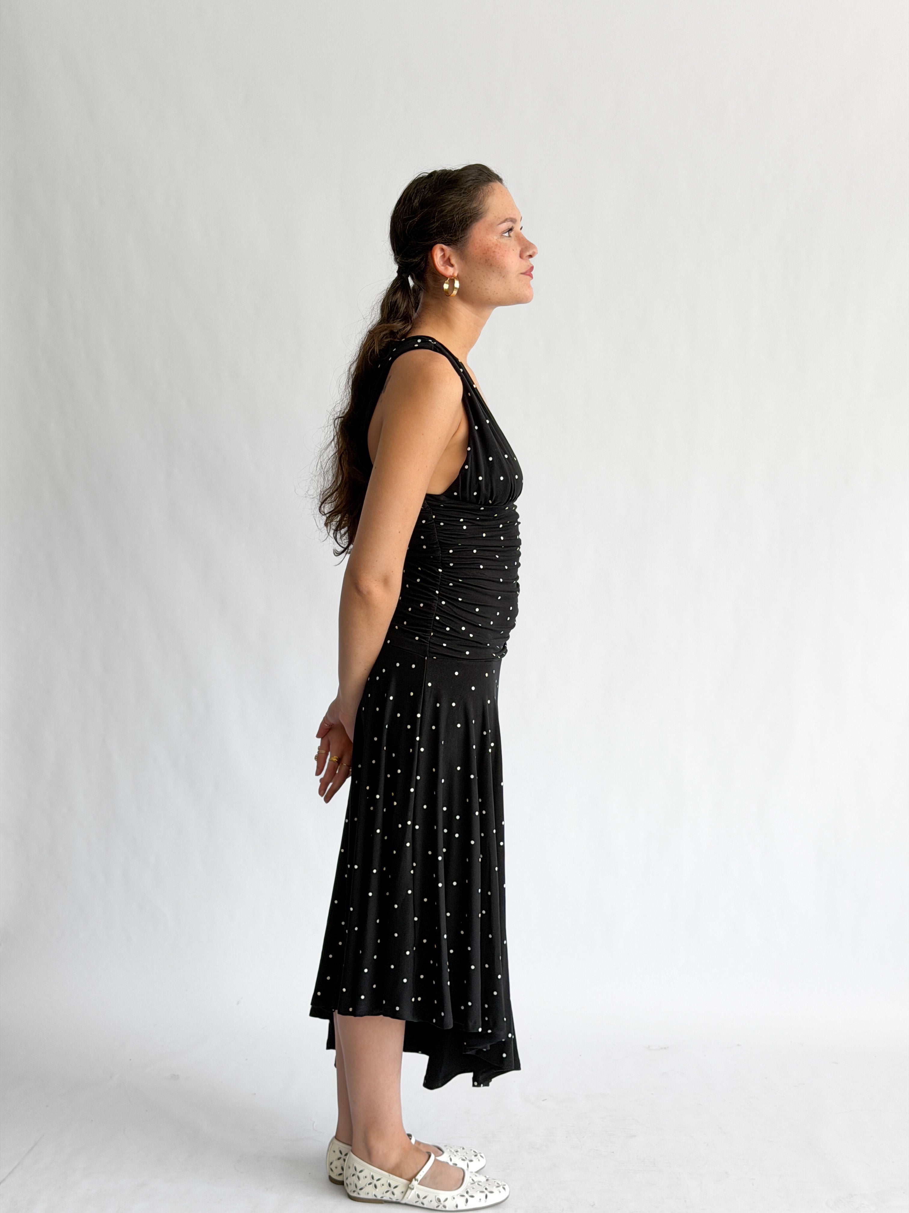 Sammie Polka Dot Ruched Asymmetrical Midi Dress (Black)