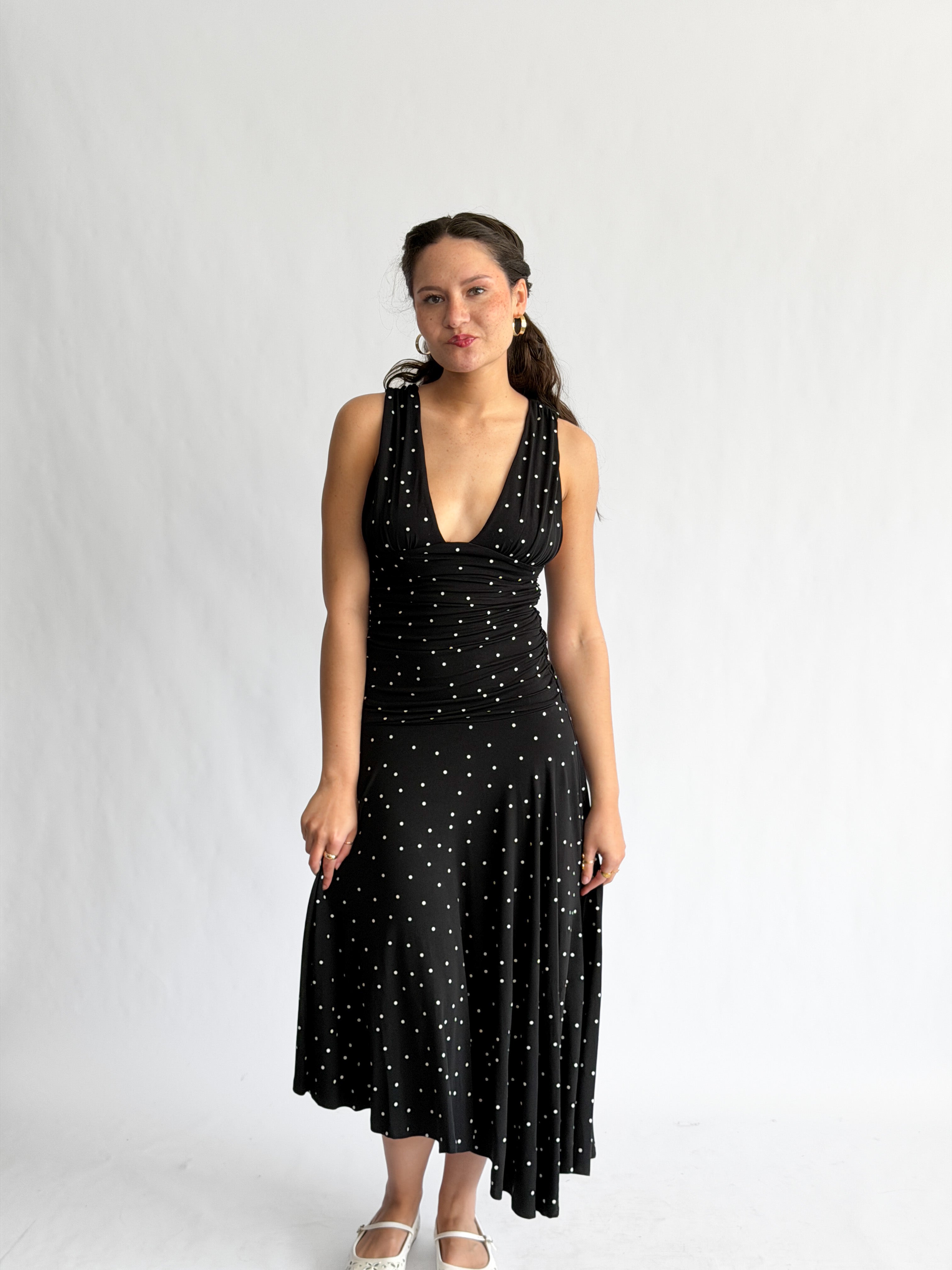 Sammie Polka Dot Ruched Asymmetrical Midi Dress (Black)
