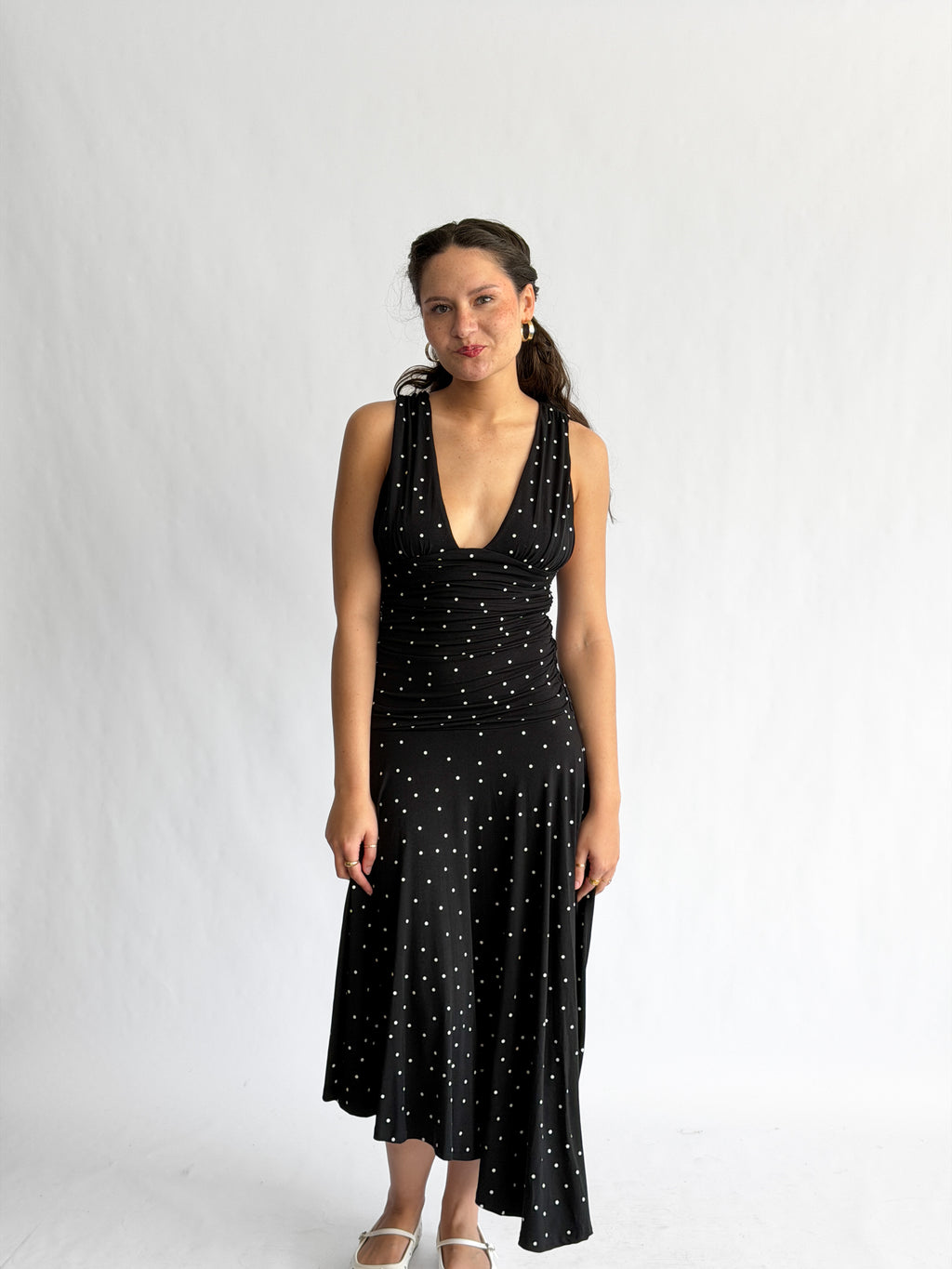 Sammie Polka Dot Ruched Asymmetrical Midi Dress (Black)