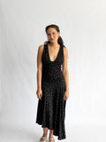 Sammie Polka Dot Ruched Asymmetrical Midi Dress (Black)