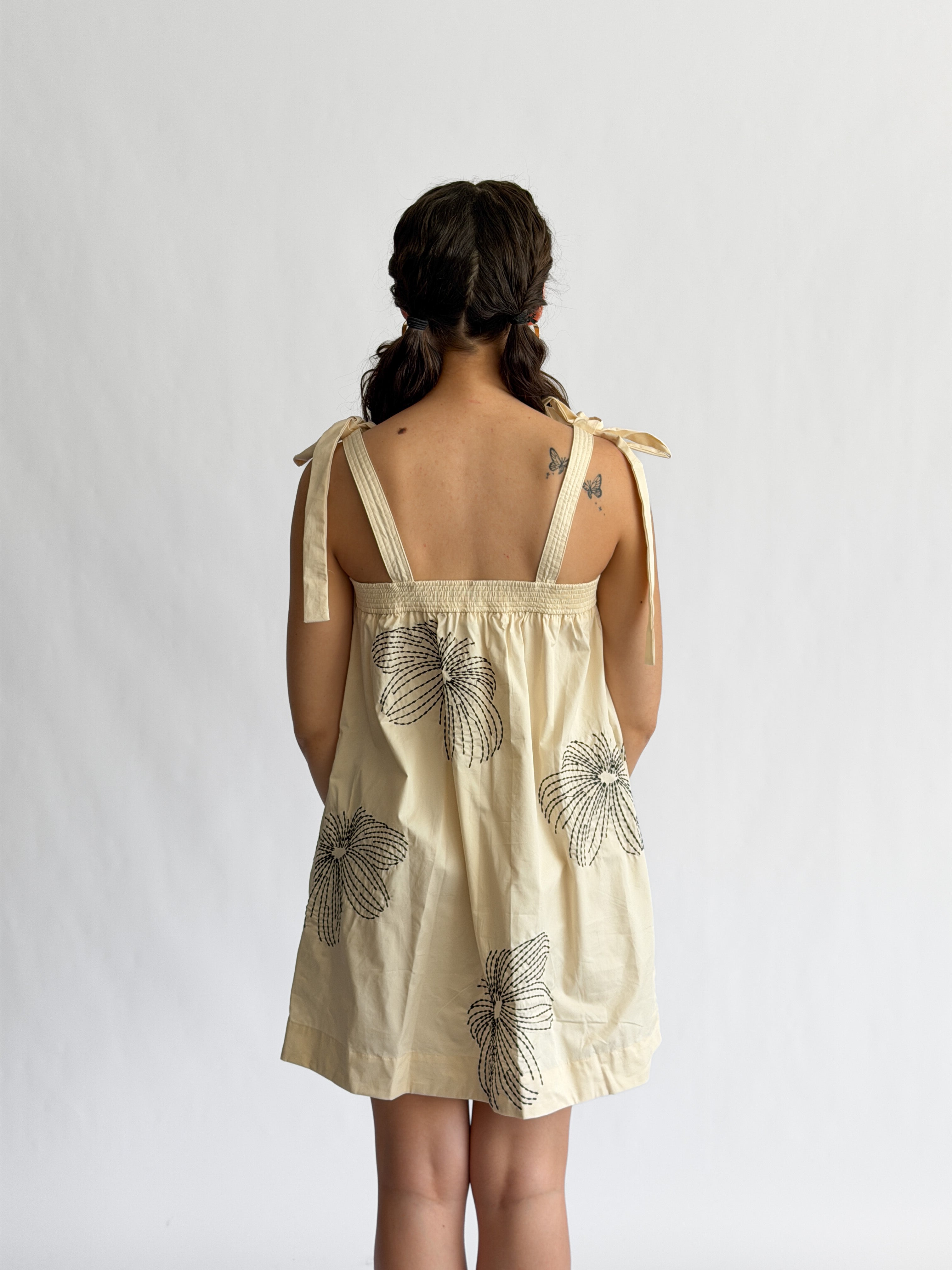 Sofia Cream Embroidered Tie Shoulder Sleeveless Mini Dress