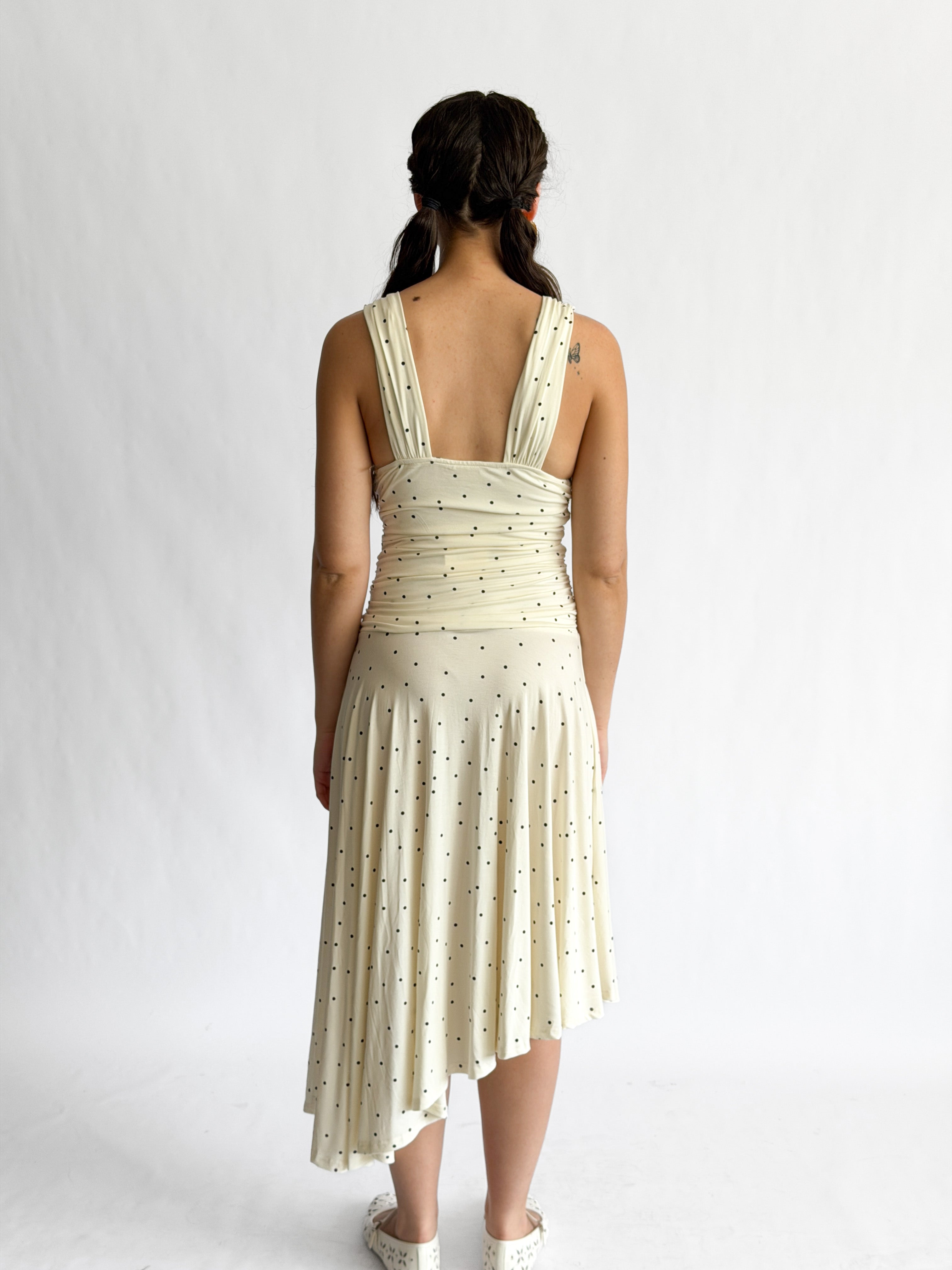 Sammie Polka Dot Ruched Asymmetrical Midi Dress (Cream) – Momni Boutique
