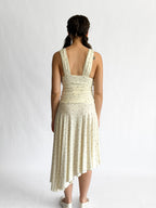 Sammie Polka Dot Ruched Asymmetrical Midi Dress (Cream)