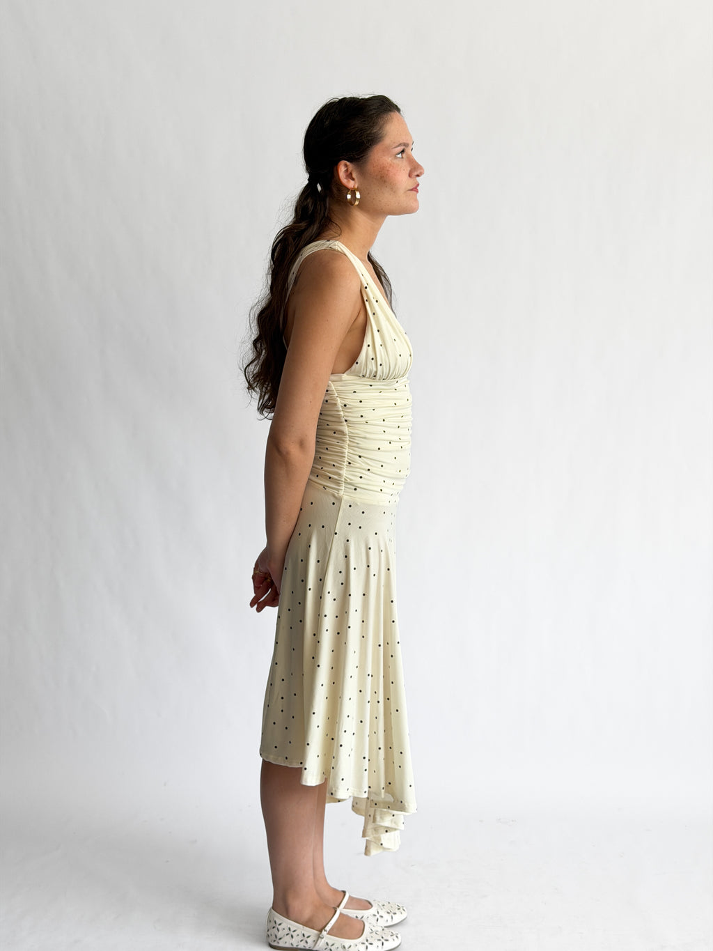 Sammie Polka Dot Ruched Asymmetrical Midi Dress (Cream)