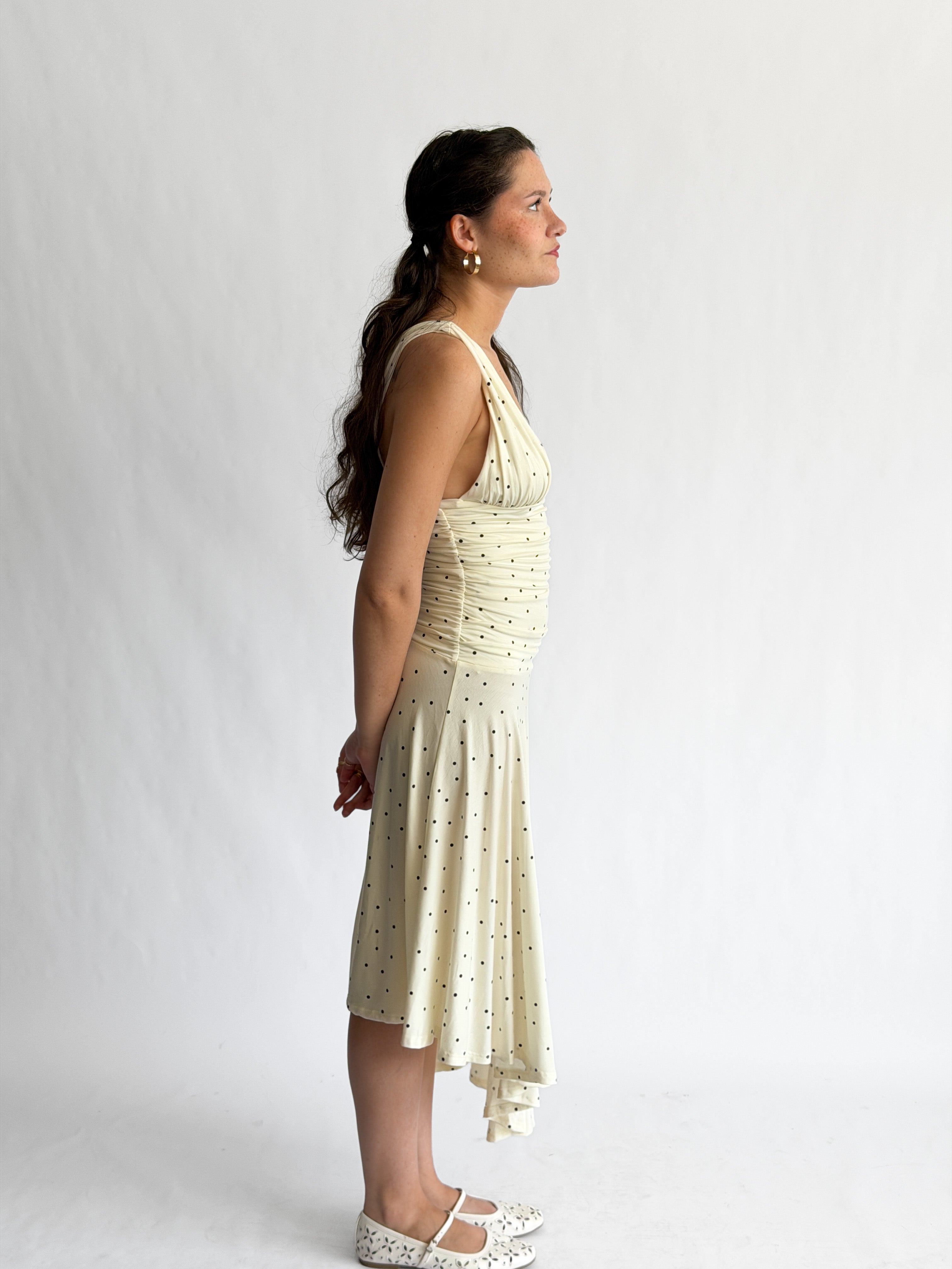 Sammie Polka Dot Ruched Asymmetrical Midi Dress (Cream)