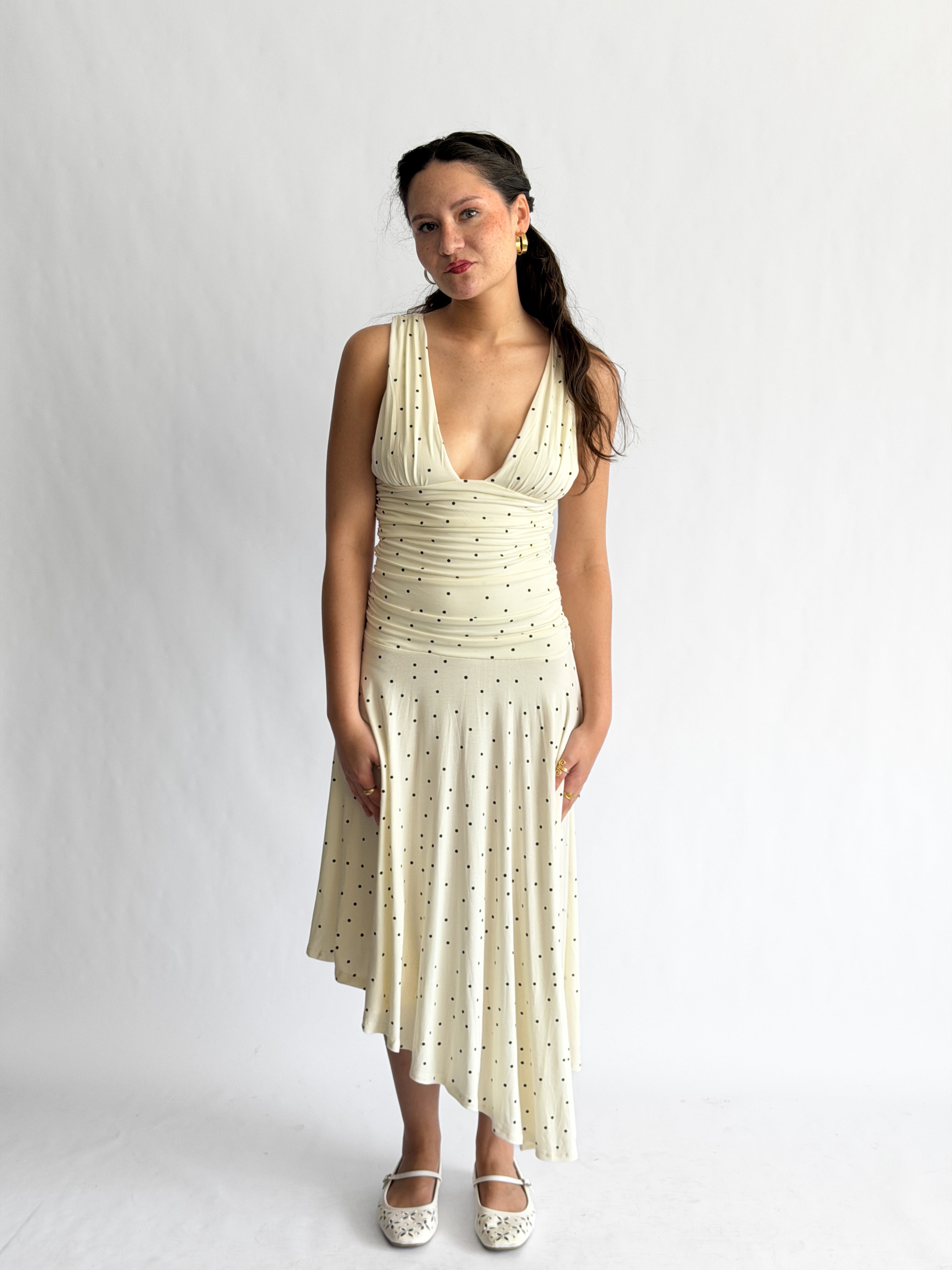 Sammie Polka Dot Ruched Asymmetrical Midi Dress (Cream)