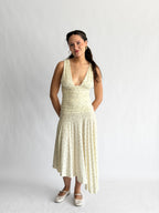 Sammie Polka Dot Ruched Asymmetrical Midi Dress (Cream)